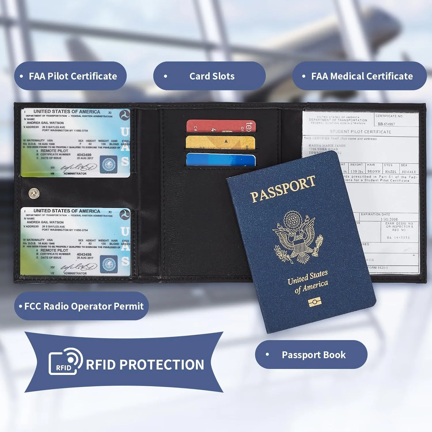 Pilot Wallet Passport Holder for Travel - RFID Blocking Genuine Leather Travel Document Holder with Gift Box Passport Wallet for Pilots Men and Women