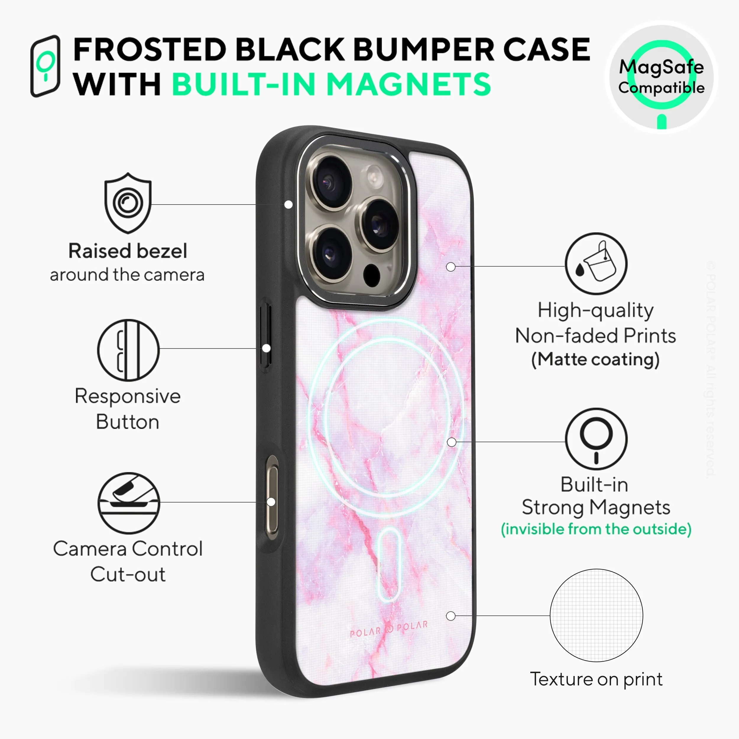 Pink White - iPhone 16 Pro Max Frosted Black Bumper MagSafe Case