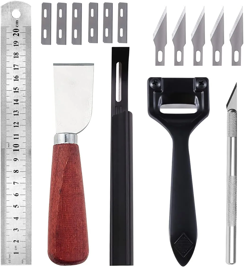 PLANTIONAL Metal Leather Skiver Set, 5 Kinds of Leather Working Tool with 6 Pieces Sharp Skiver, Safety Beveler DIY Cutting Tool Kits for Craft, Making