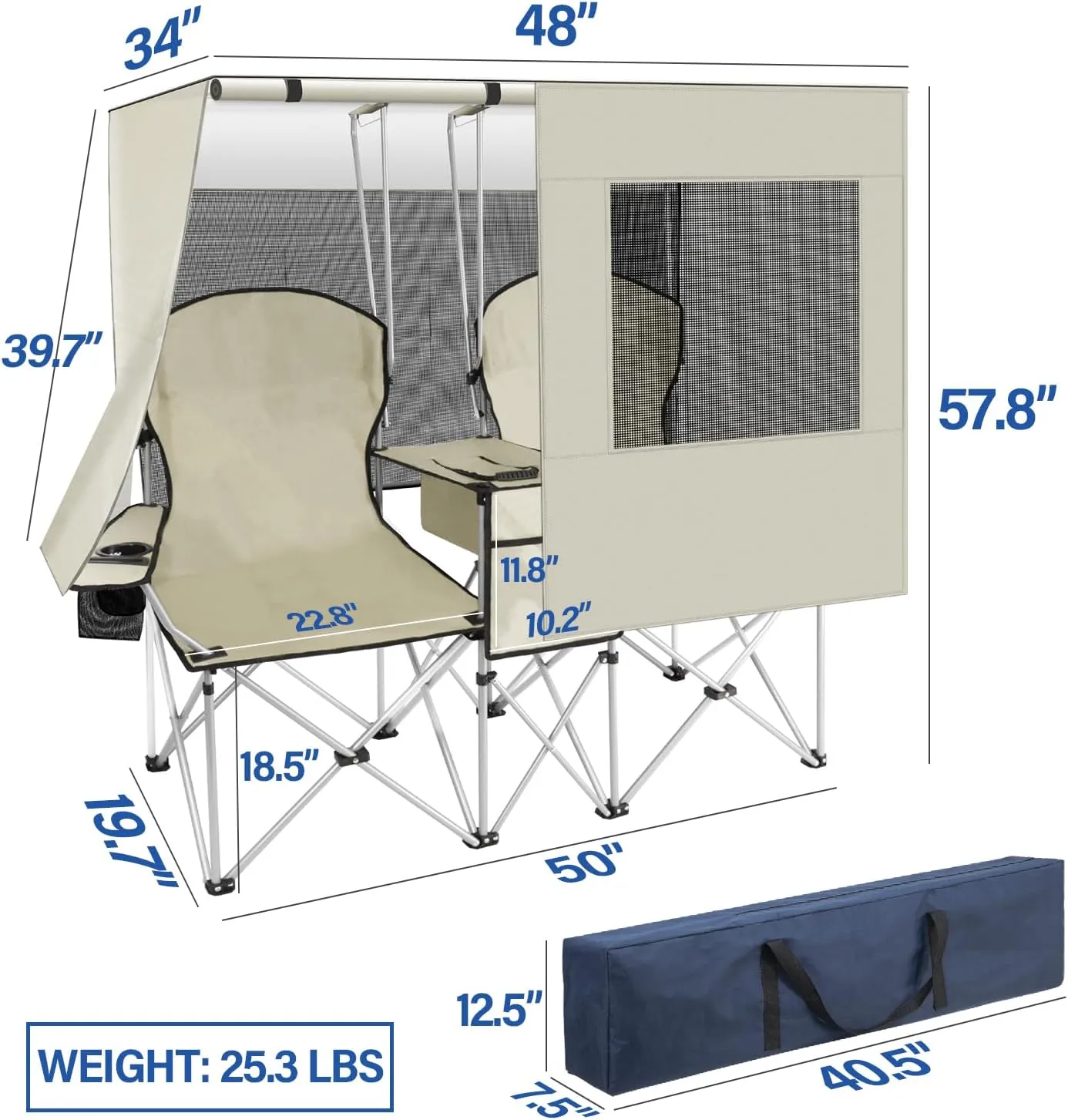 PLKO Portable Double Camping Chair with Canopy Shade,Heavy Duty Beach Chairs for Adults,Folding Beach Chair with Cooler Bag for Sports Backyard Fishing Outside（White）
