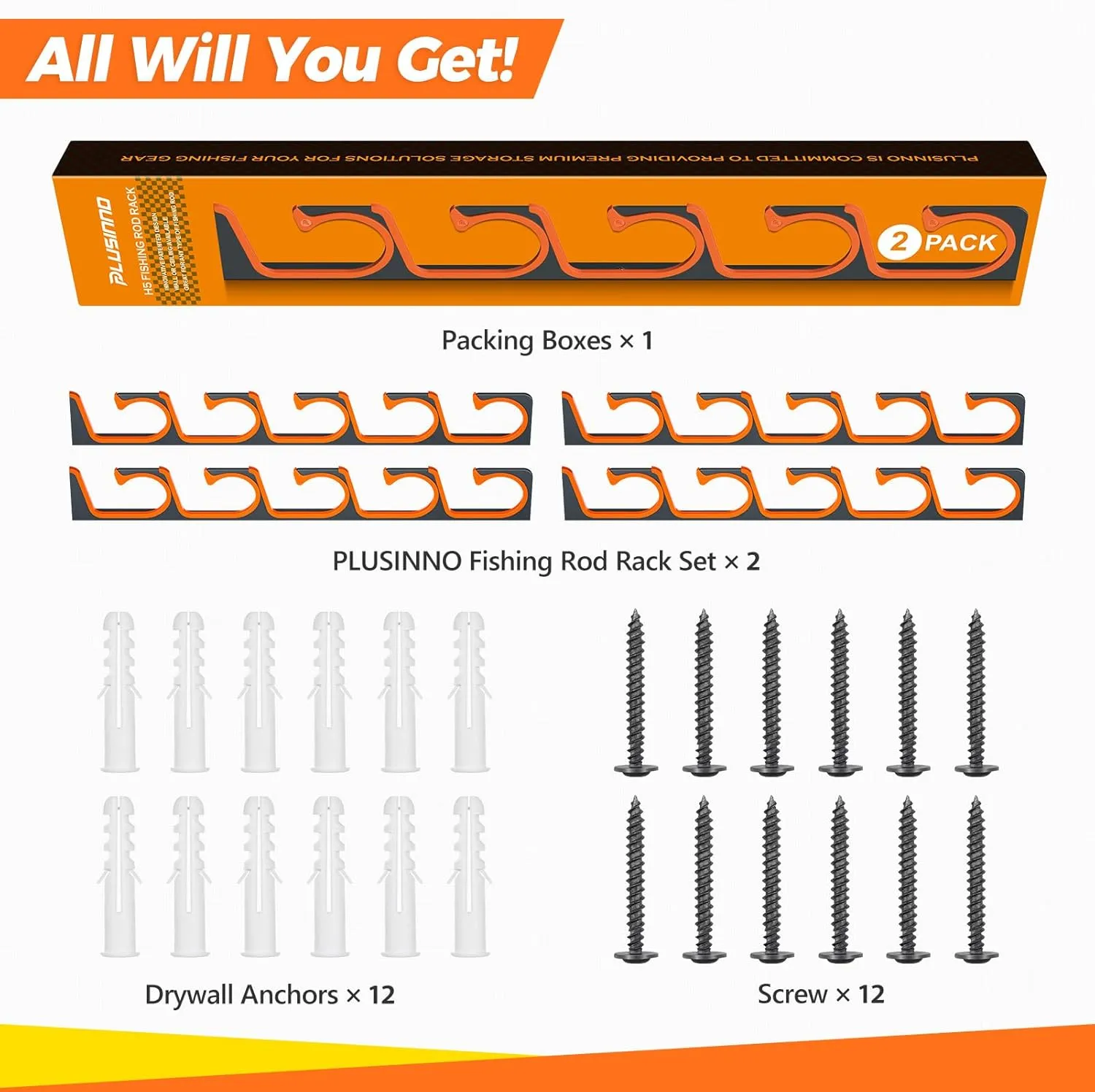 PLUSINNO H5 Horizontal Fishing Rod/Pole Holders for Garage, Wall or Ceiling Mounted Fishing Rod Rack, Aviation Aluminum Fishing Holder Holds up to 5/10/20 Rod or Combos or Nets Storage Racks