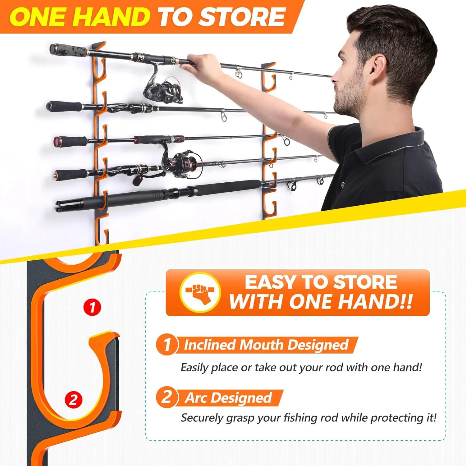 PLUSINNO H5 Horizontal Fishing Rod/Pole Holders for Garage, Wall or Ceiling Mounted Fishing Rod Rack, Aviation Aluminum Fishing Holder Holds up to 5/10/20 Rod or Combos or Nets Storage Racks