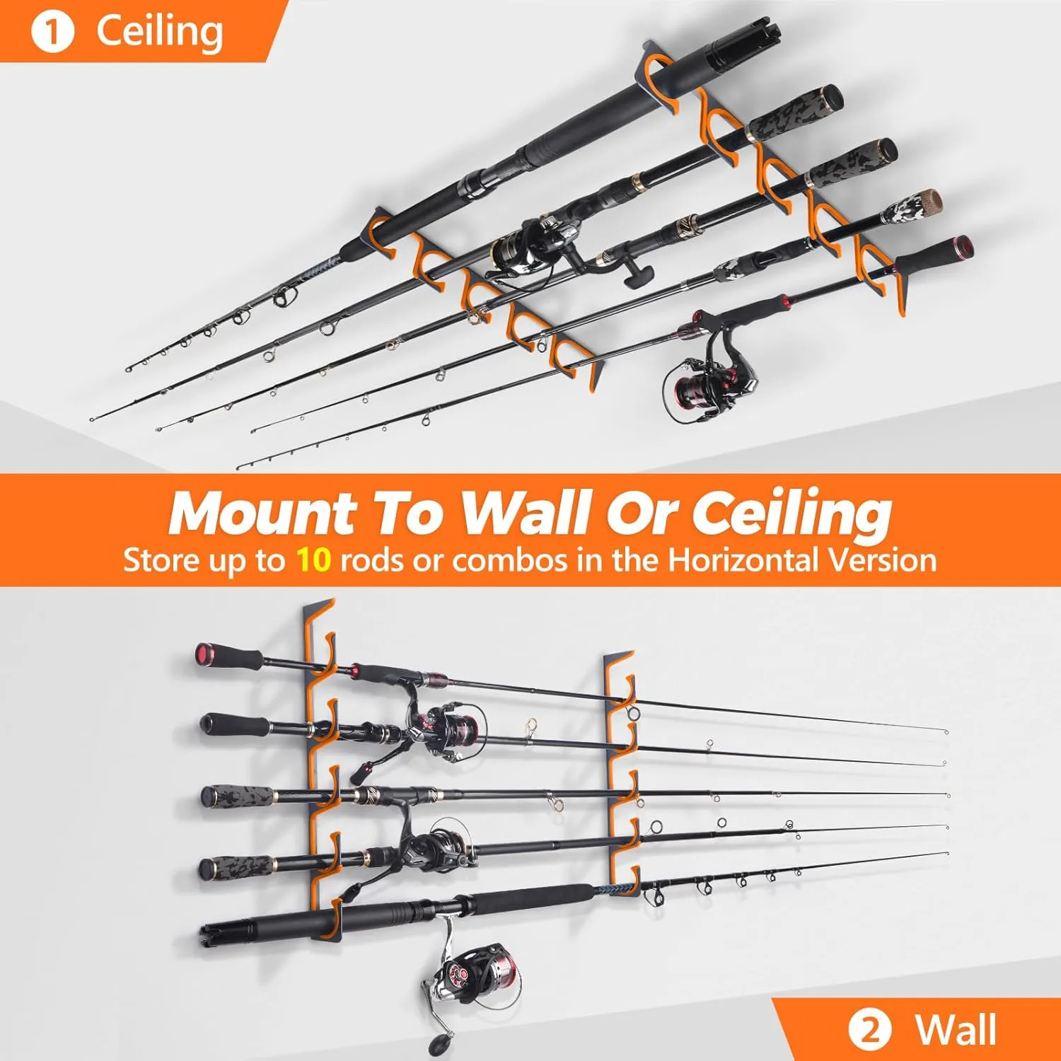 PLUSINNO H5 Horizontal Fishing Rod/Pole Holders for Garage, Wall or Ceiling Mounted Fishing Rod Rack, Aviation Aluminum Fishing Holder Holds up to 5/10/20 Rod or Combos or Nets Storage Racks