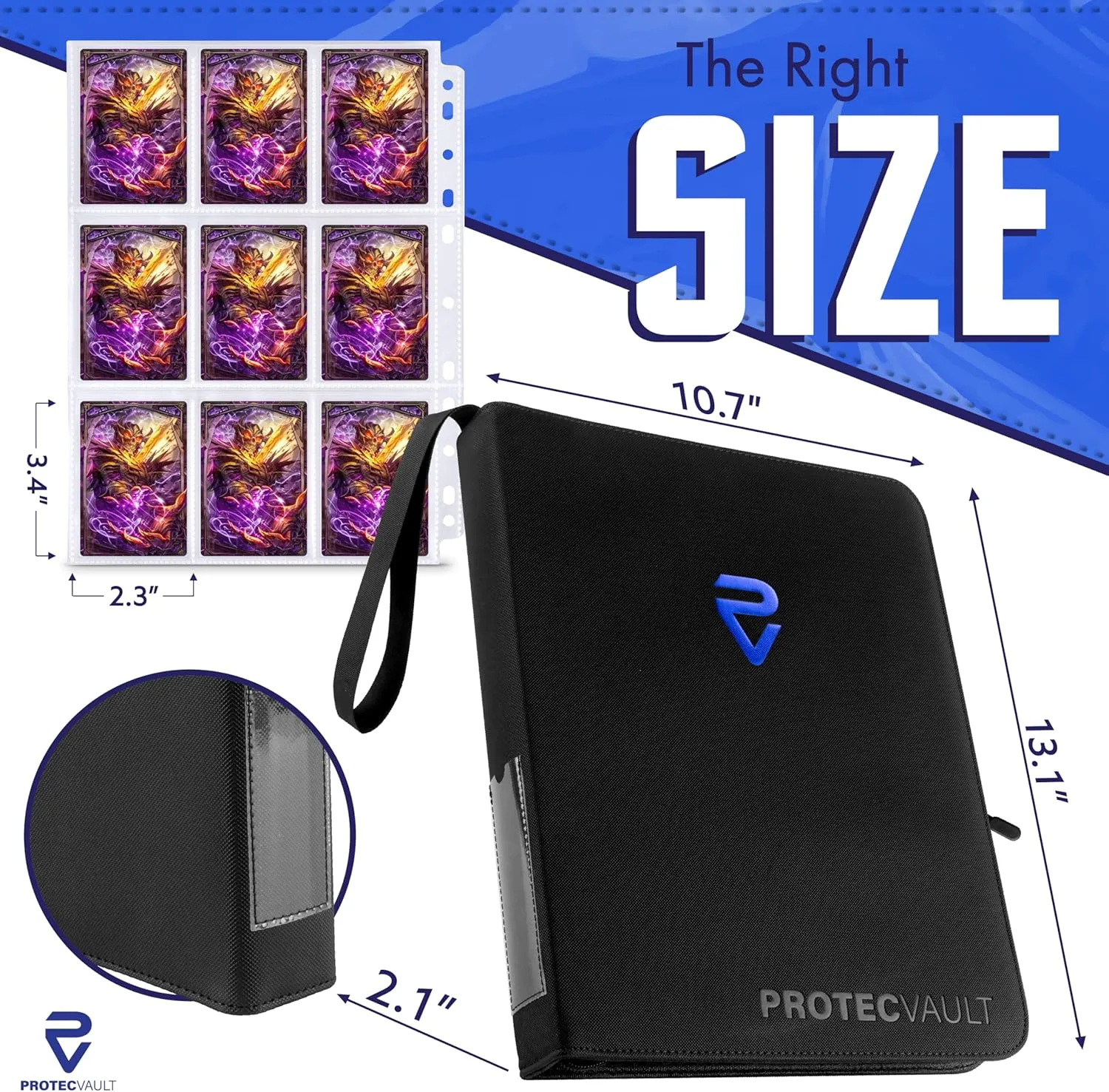 Pokemon Card Binder - Blue PU Leather Baseball Card Binder with 9-Pocket Double-Sided Pages, TCG Binder Holds 900 Cards, Water-Resistant, Zippered, Scratch-Resistant, Portable