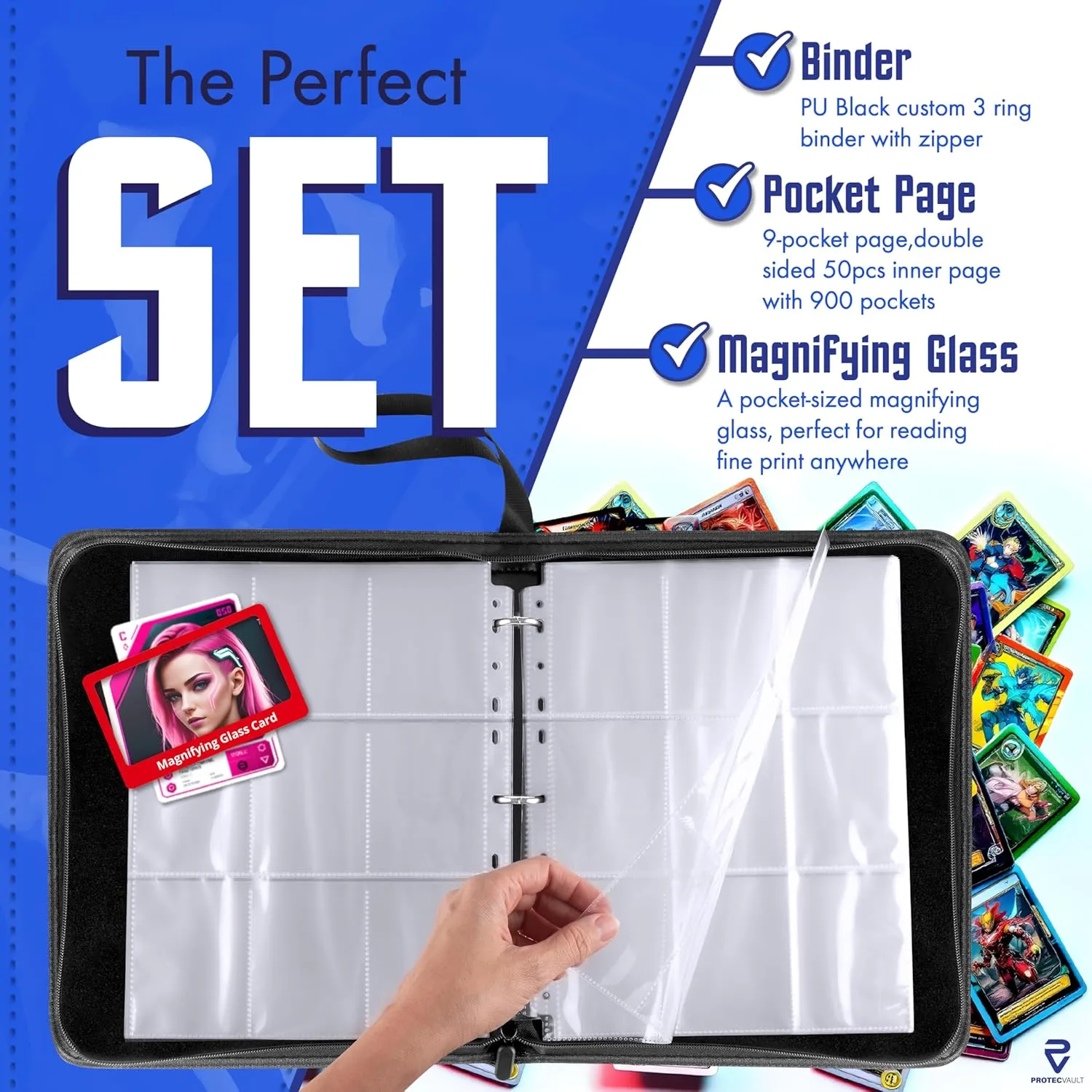 Pokemon Card Binder - Blue PU Leather Baseball Card Binder with 9-Pocket Double-Sided Pages, TCG Binder Holds 900 Cards, Water-Resistant, Zippered, Scratch-Resistant, Portable