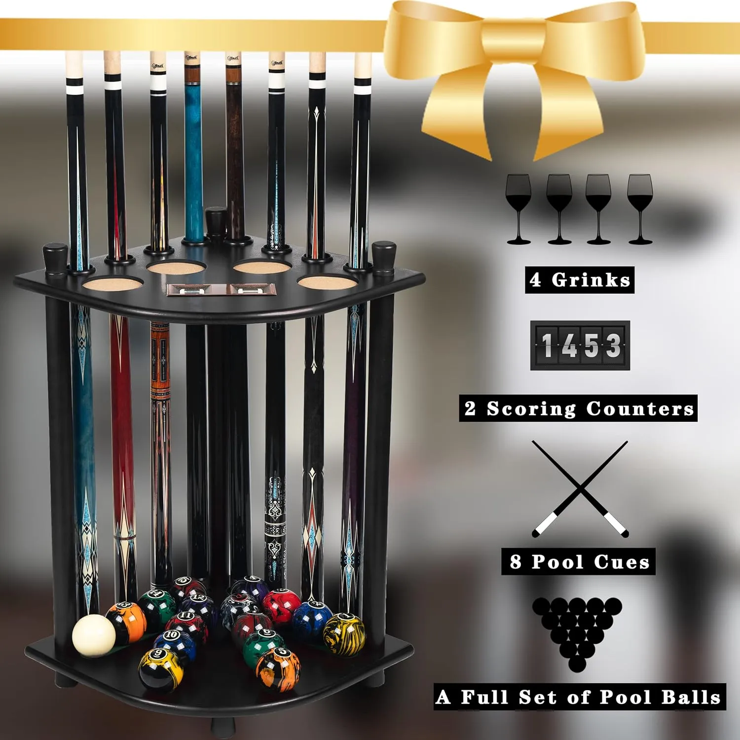 Pool Stick Holder Floor Stand, Solid Wood Billiard Pool Cue Rack, Pool Table Accessories (Black)