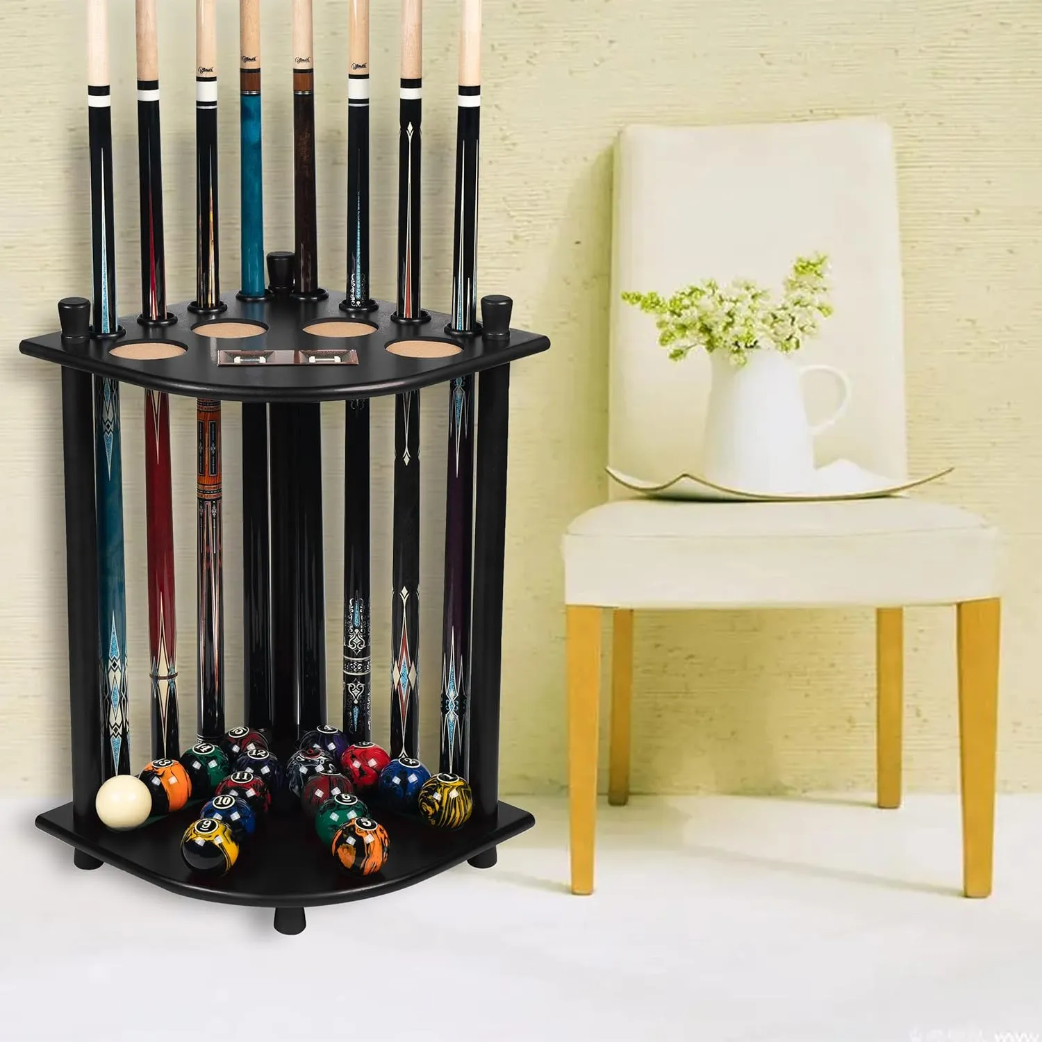 Pool Stick Holder Floor Stand, Solid Wood Billiard Pool Cue Rack, Pool Table Accessories (Black)
