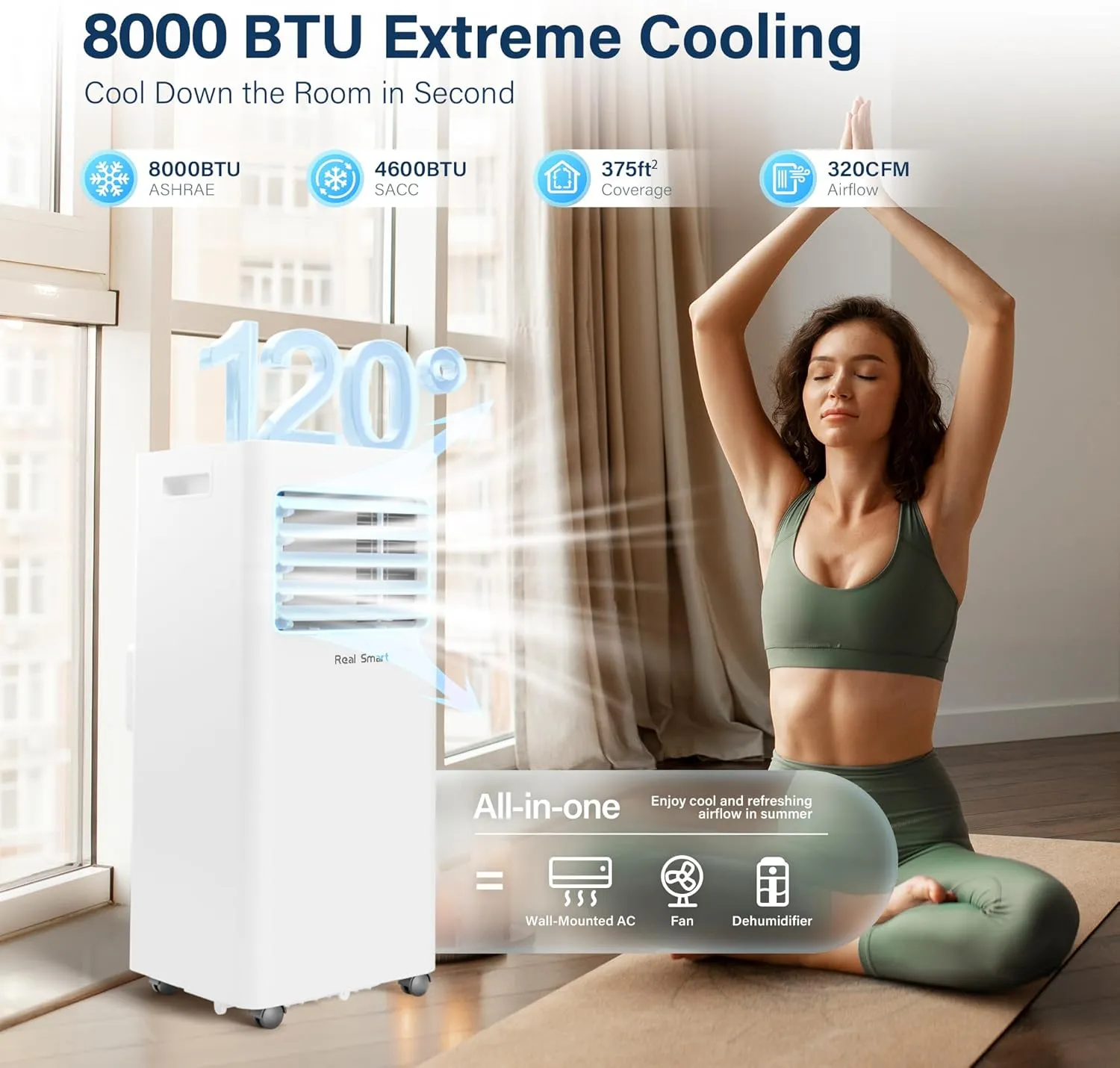 Portable Air Conditioners 8000 BTU,Quiet Portable AC Units for Rooms 3-IN-1 Cools Up to 375 Sq.Ft with Dehumidifier,Fan,Remote Control,24H Timer,Sleep Mode,Portable Cooling Conditioner for Bedroom
