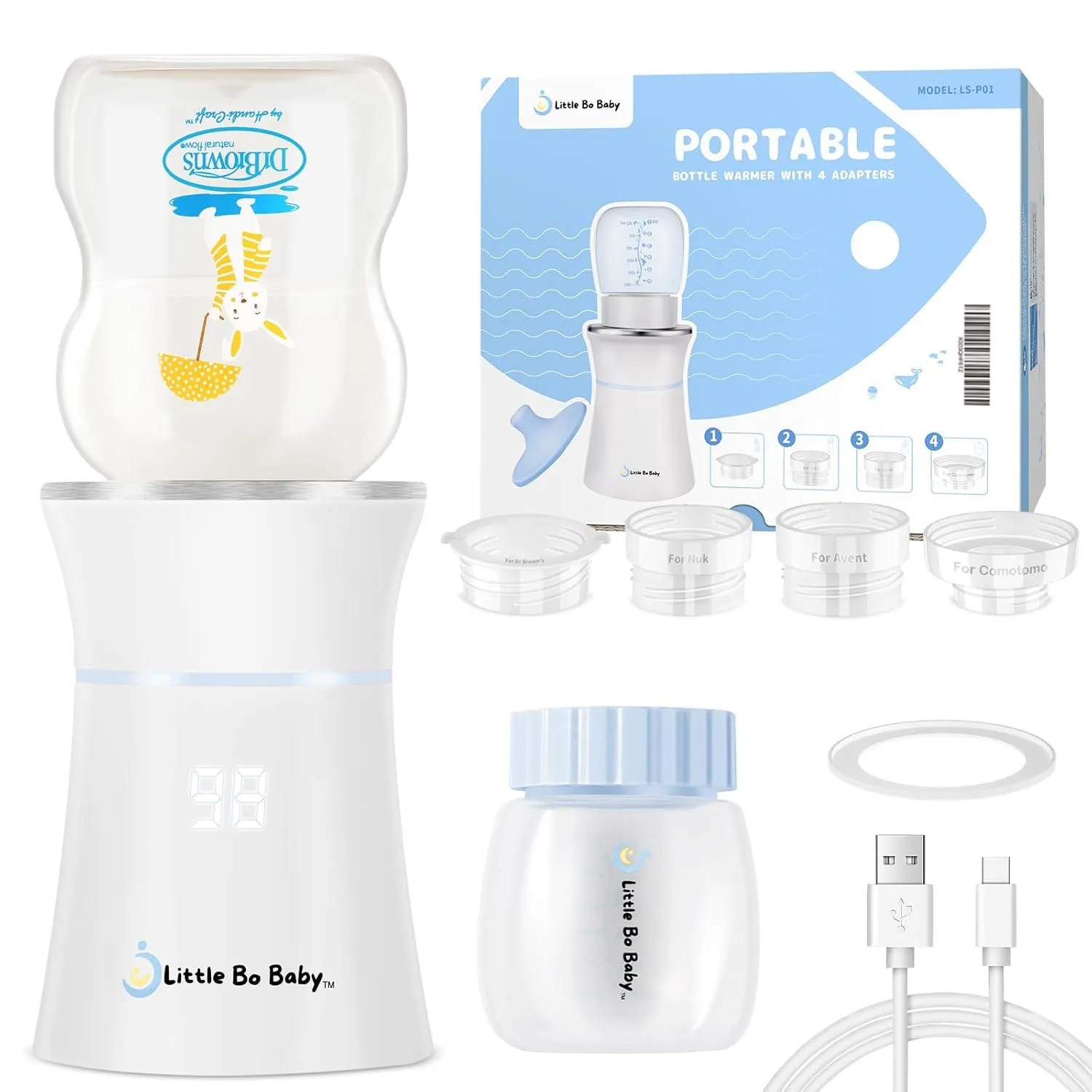 Portable Bottle Warmer Set, Little Bo Baby Portable Warmer with Baby Bottle and Adapter Travel Bottle Warmer for Breastmilk and Formula Bottle Warmer Digital Display Perfect