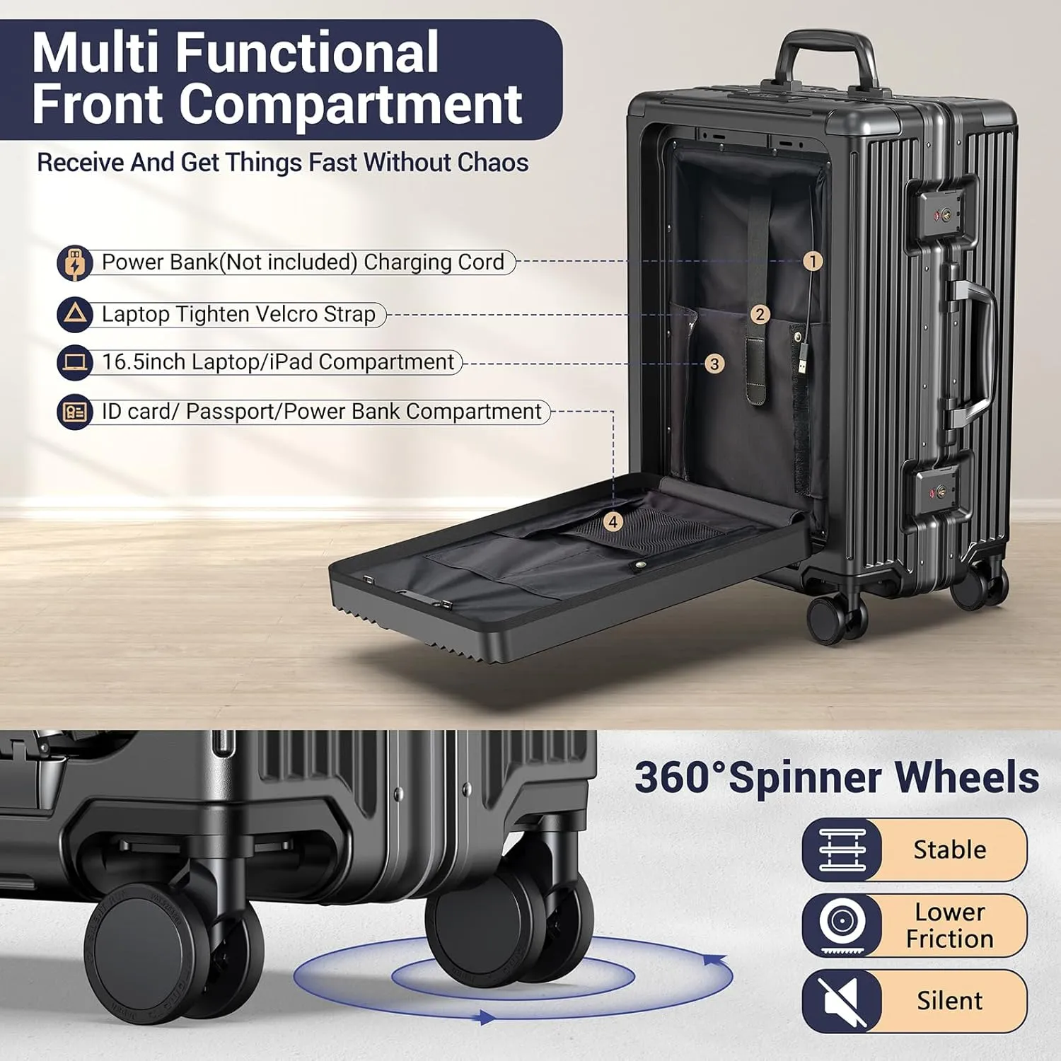 Portable Carry on Luggage Airline Approved, Expandable Luggage for Trips, Practical Suitcase with Front Pocket ＆USB Port. (01-Black)