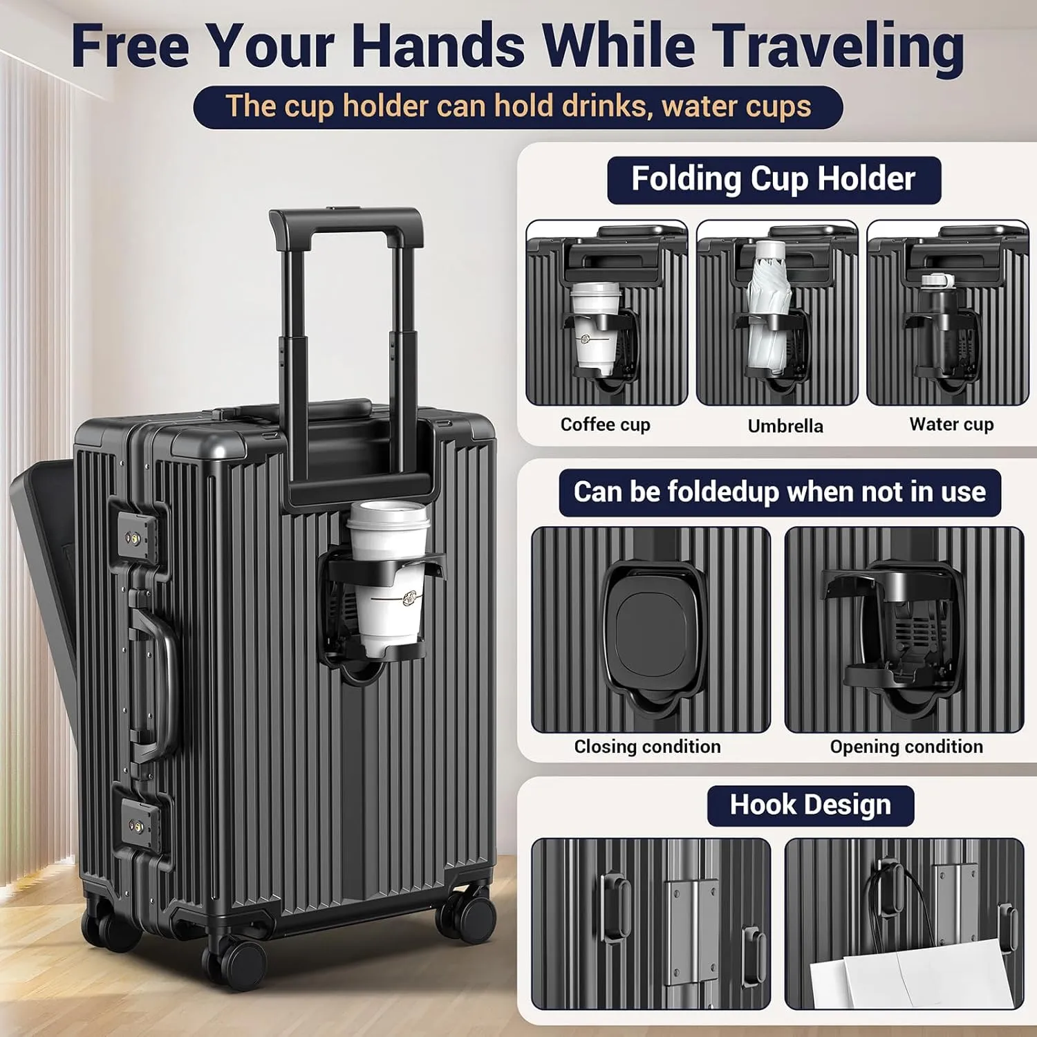 Portable Carry on Luggage Airline Approved, Expandable Luggage for Trips, Practical Suitcase with Front Pocket ＆USB Port. (01-Black)