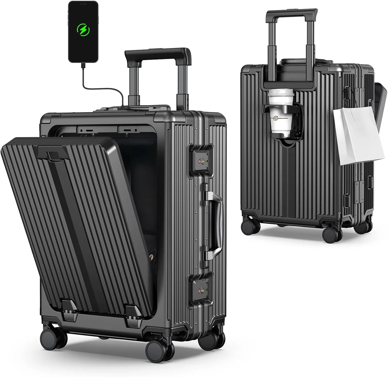 Portable Carry on Luggage Airline Approved, Expandable Luggage for Trips, Practical Suitcase with Front Pocket ＆USB Port. (01-Black)