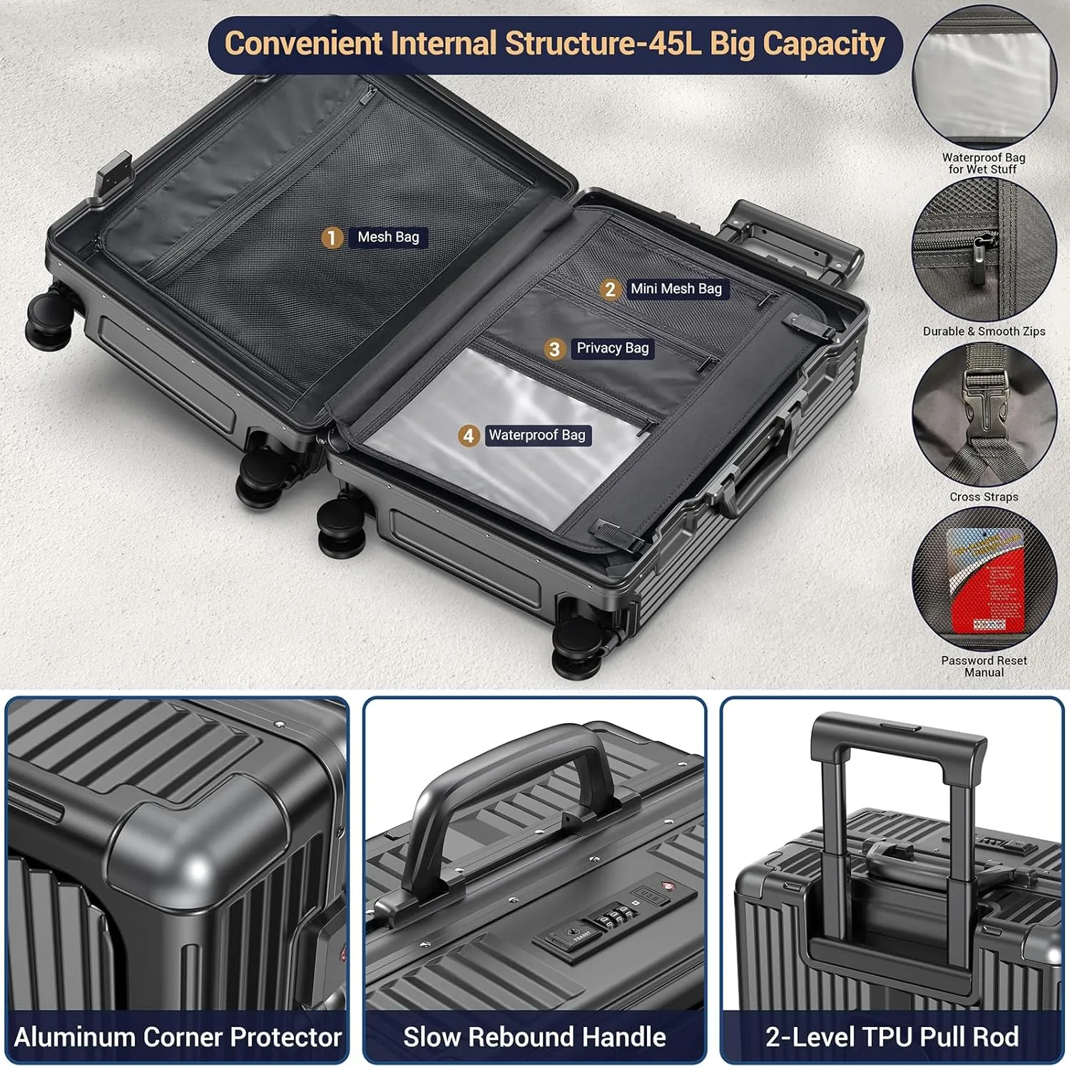 Portable Carry on Luggage Airline Approved, Expandable Luggage for Trips, Practical Suitcase with Front Pocket ＆USB Port. (01-Black)