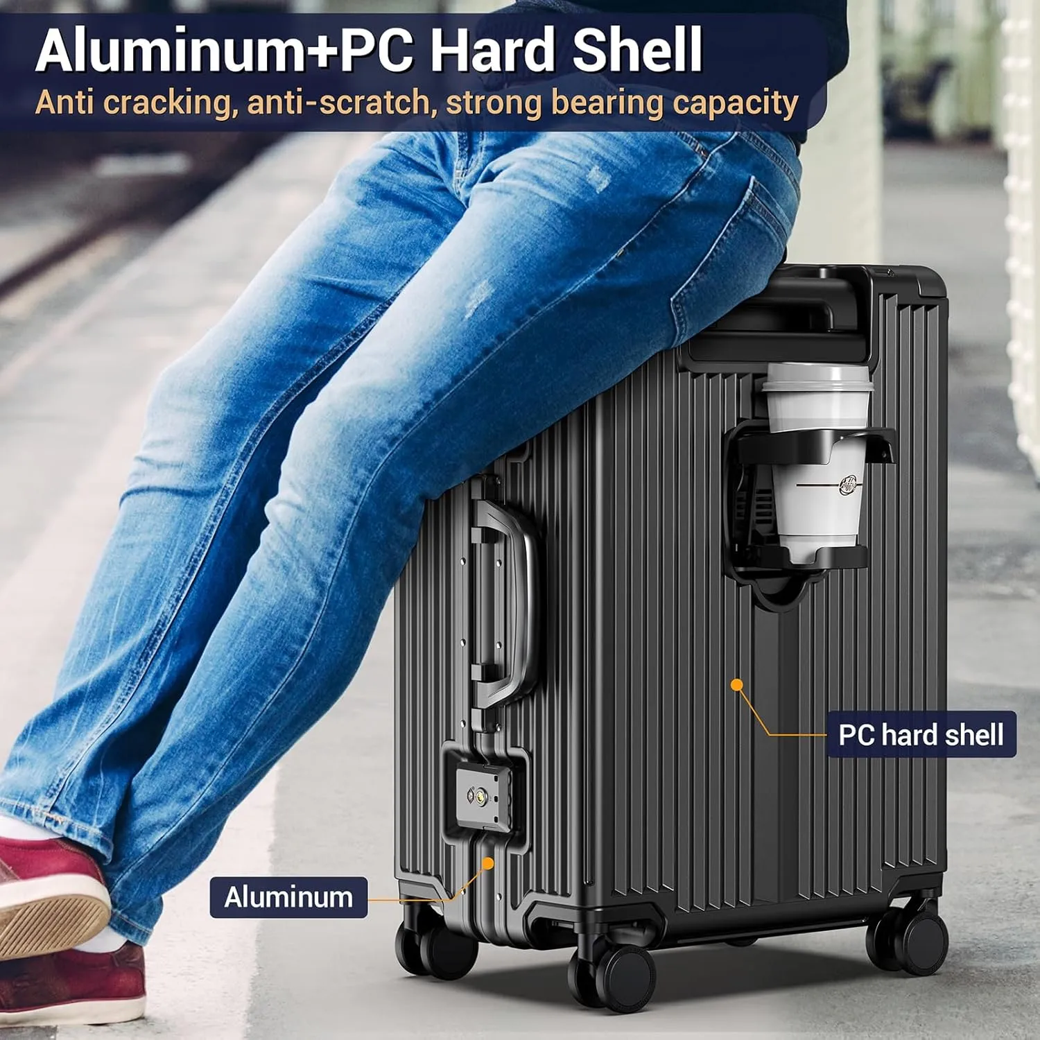 Portable Carry on Luggage Airline Approved, Expandable Luggage for Trips, Practical Suitcase with Front Pocket ＆USB Port. (01-Black)