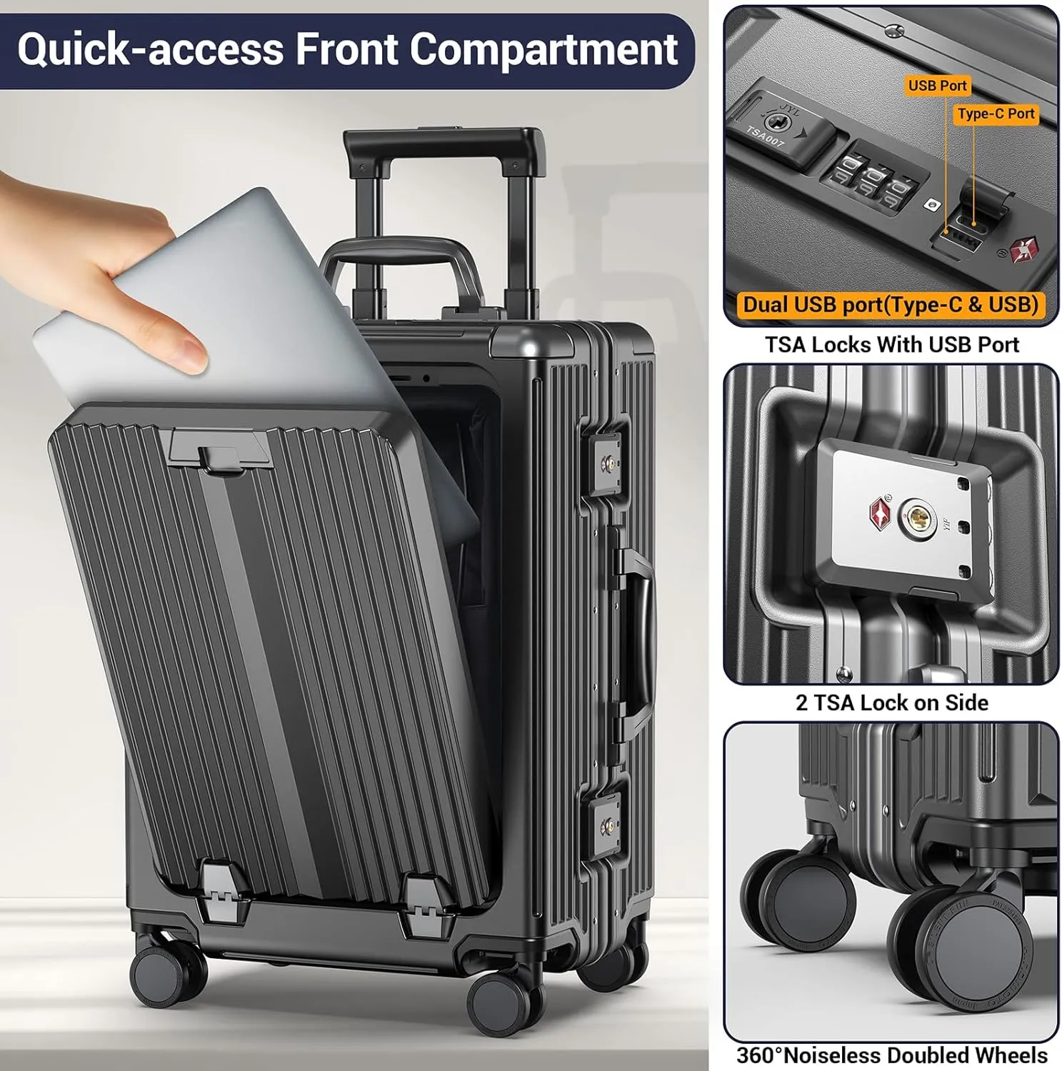 Portable Carry on Luggage Airline Approved, Expandable Luggage for Trips, Practical Suitcase with Front Pocket ＆USB Port. (01-Black)