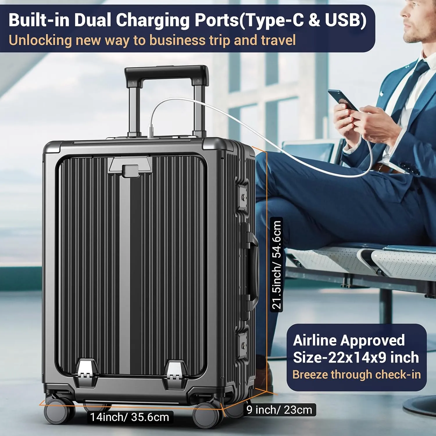Portable Carry on Luggage Airline Approved, Expandable Luggage for Trips, Practical Suitcase with Front Pocket ＆USB Port. (01-Black)