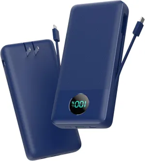 Portable Charger 33800mAh USB C Power Bank with Built-in Cables & AC Wall Plug,25W Fast Charging QC 4.0 Phone Charger,4 Output LCD Display Battery Pack Compatible with iPhone16/15,Samsung,Android etc