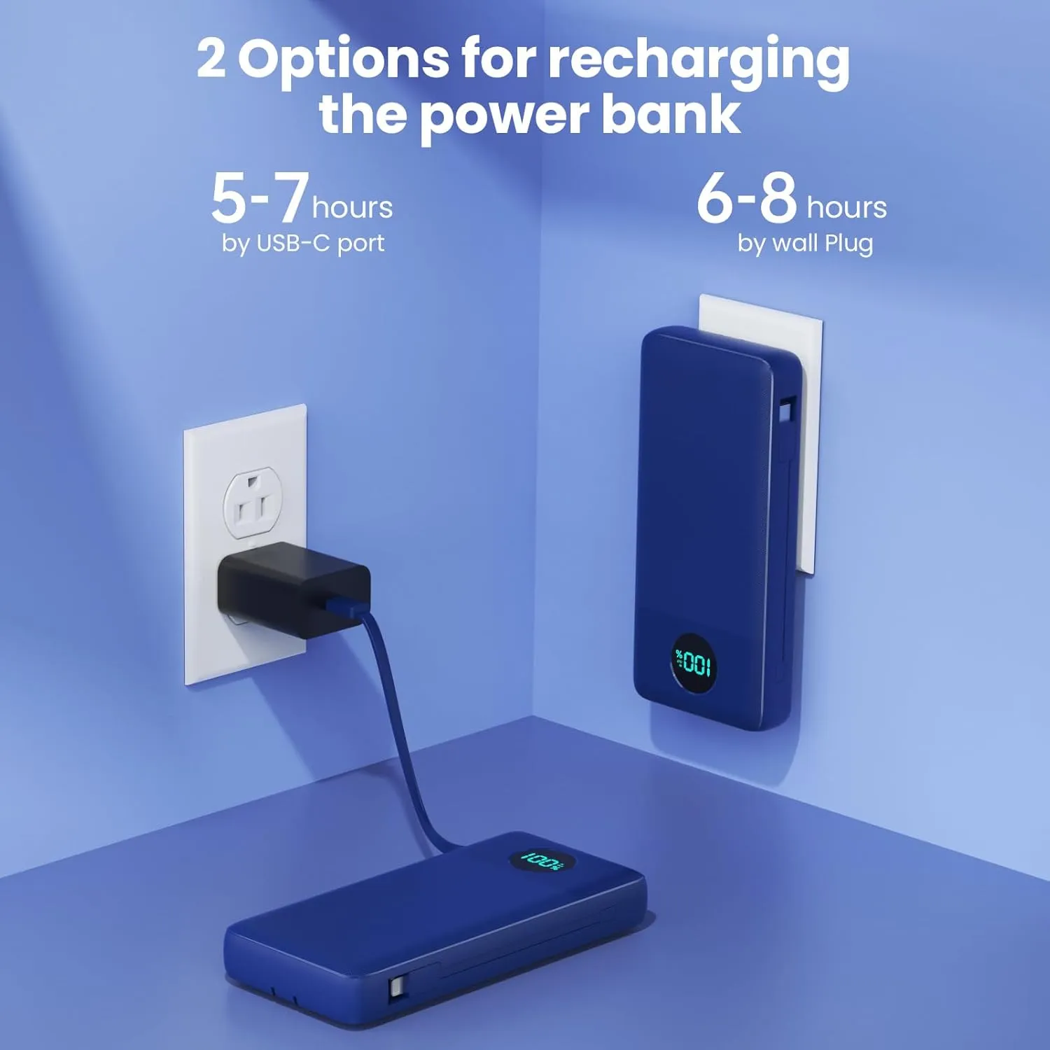 Portable Charger 33800mAh USB C Power Bank with Built-in Cables & AC Wall Plug,25W Fast Charging QC 4.0 Phone Charger,4 Output LCD Display Battery Pack Compatible with iPhone16/15,Samsung,Android etc