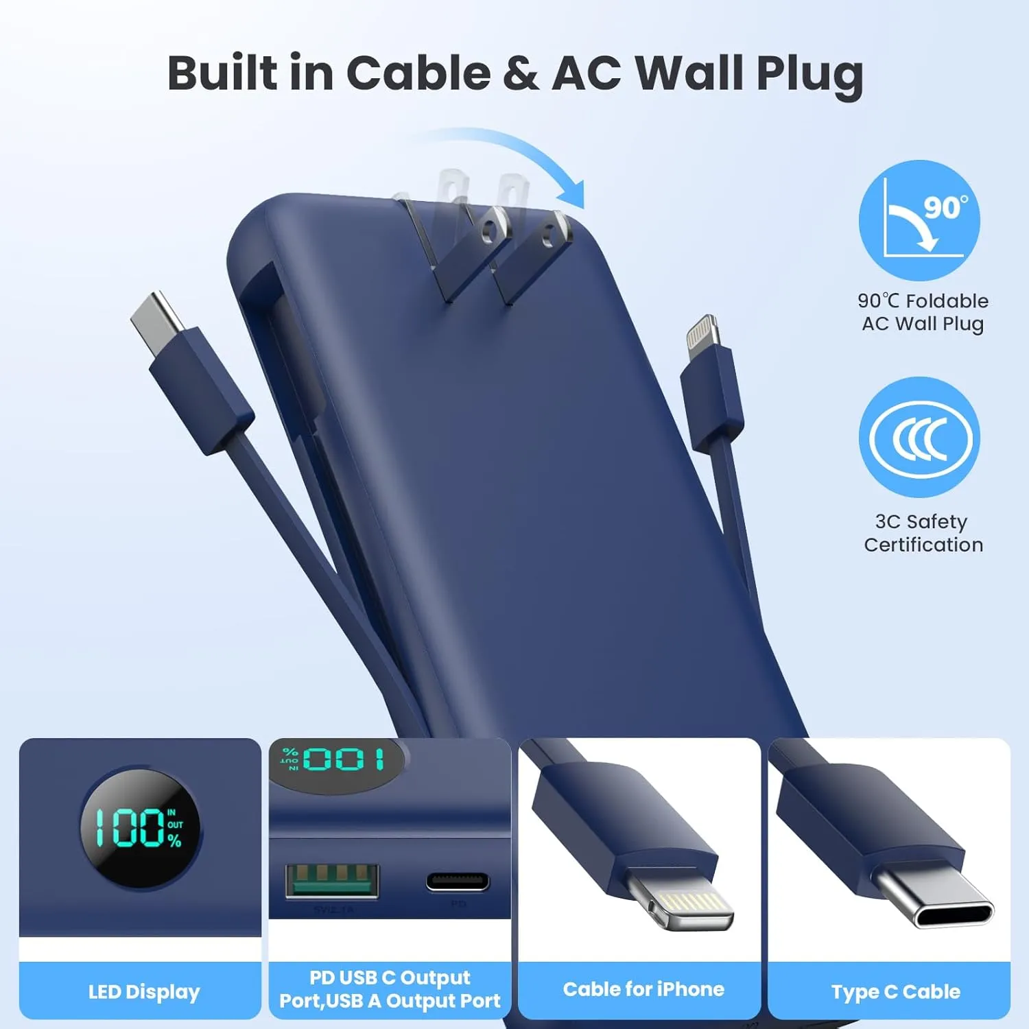 Portable Charger 33800mAh USB C Power Bank with Built-in Cables & AC Wall Plug,25W Fast Charging QC 4.0 Phone Charger,4 Output LCD Display Battery Pack Compatible with iPhone16/15,Samsung,Android etc