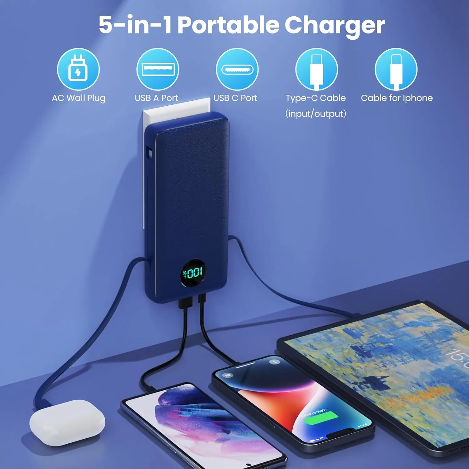 Portable Charger 33800mAh USB C Power Bank with Built-in Cables & AC Wall Plug,25W Fast Charging QC 4.0 Phone Charger,4 Output LCD Display Battery Pack Compatible with iPhone16/15,Samsung,Android etc