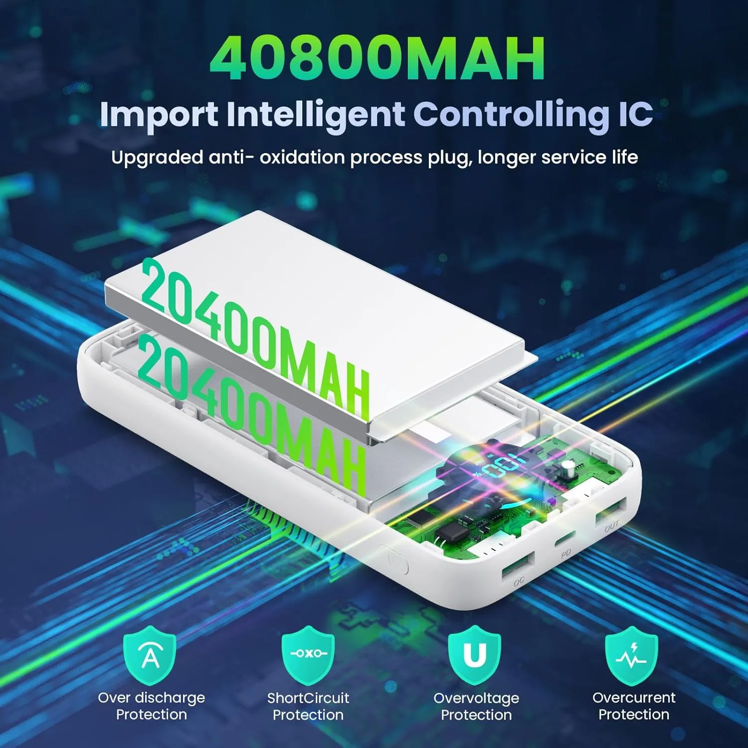Portable Charger PowerBank 40,800mAh with 2 Built-in Cables,25W PD Fast Charging  QC 4.0 Quick Phone Charging Power Bank, 5 Outputs LCD Display USB C Battery Pack for iPhone 16/15 Android Galaxy etc