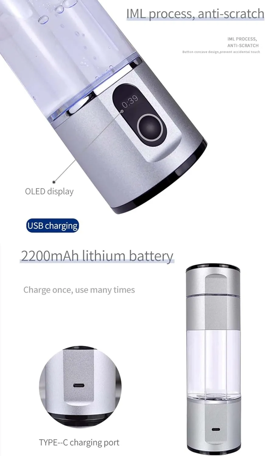 Portable Hydrogen Rich Water Bottle, SPE PEM N117 Water Hydrogen Generator, 5000PPB H2 Electrolysi Lonizer Maker Water Cup, Improve Sleep Quality