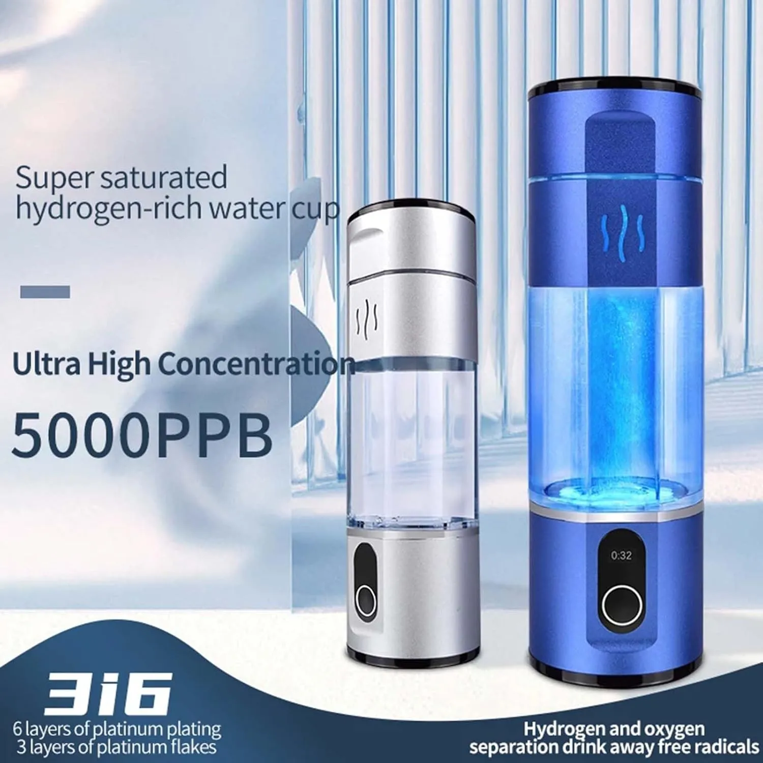 Portable Hydrogen Rich Water Bottle, SPE PEM N117 Water Hydrogen Generator, 5000PPB H2 Electrolysi Lonizer Maker Water Cup, Improve Sleep Quality
