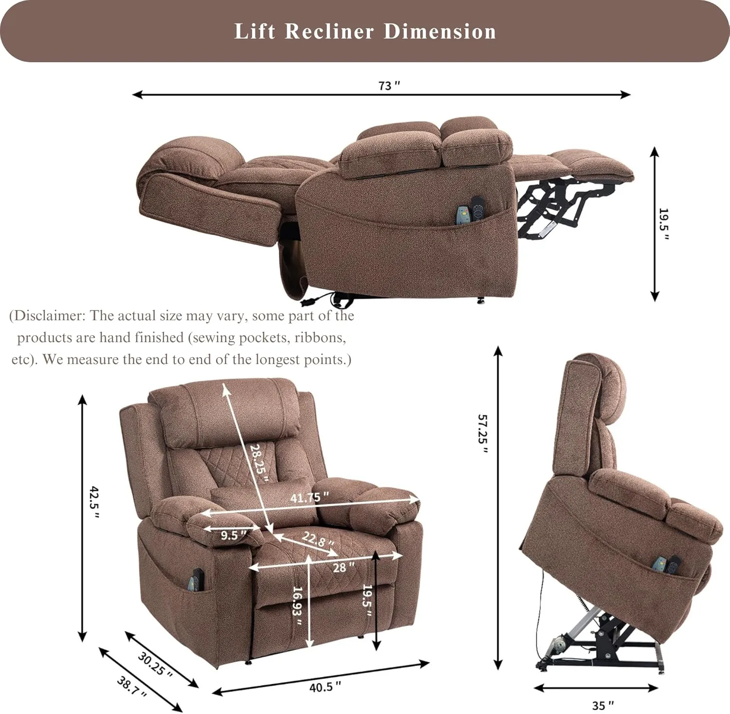 Power Lift Recliner for Elderly 28 Inch Wide Seat, Lay Flat Lift Chair with Heat Massage, Flip Arm Storage Cup Holders, USB Type C Charging, Big Tall 400 lbs