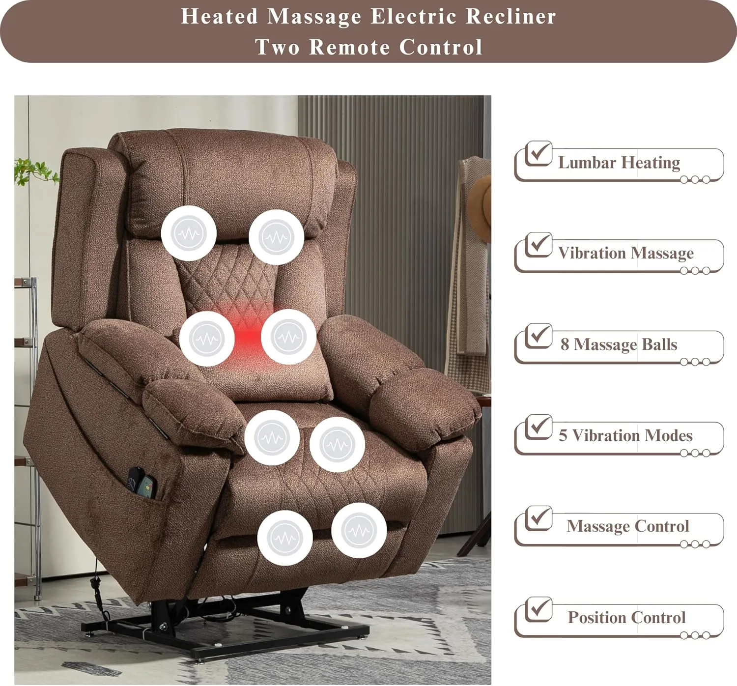 Power Lift Recliner for Elderly 28 Inch Wide Seat, Lay Flat Lift Chair with Heat Massage, Flip Arm Storage Cup Holders, USB Type C Charging, Big Tall 400 lbs