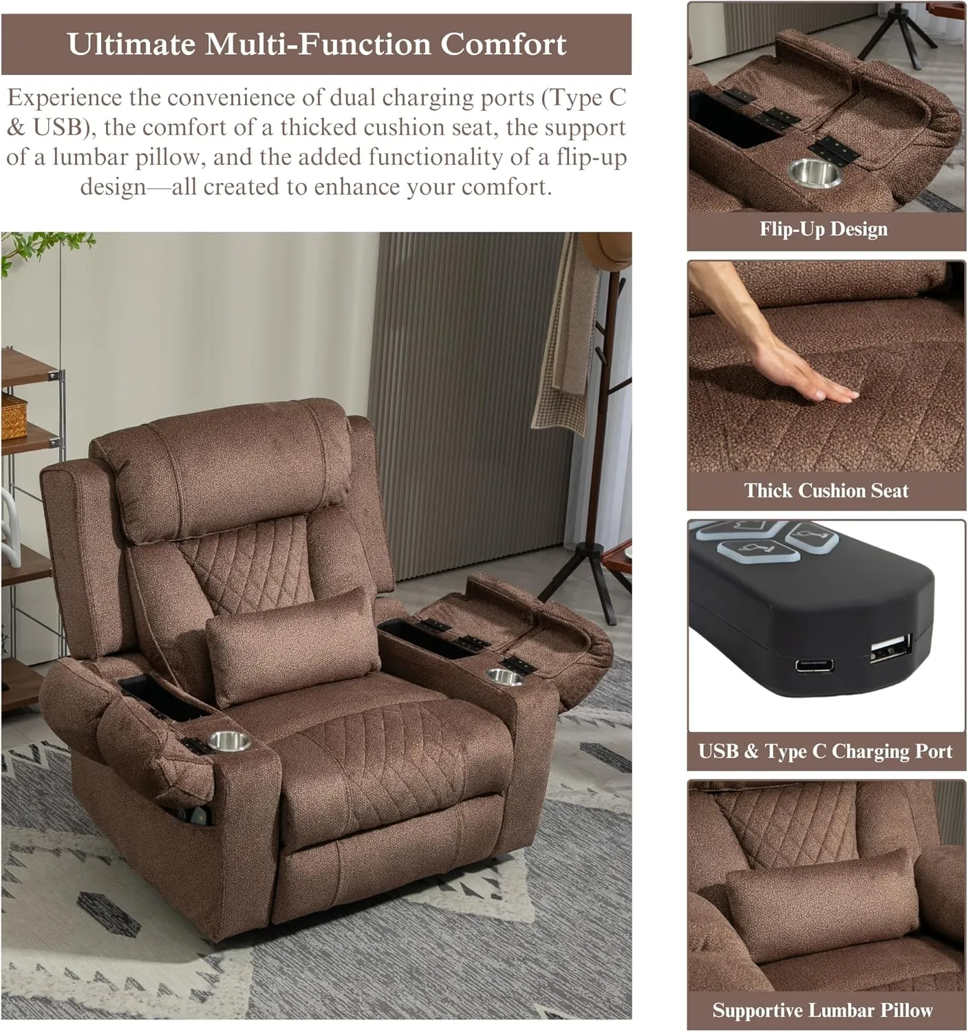 Power Lift Recliner for Elderly 28 Inch Wide Seat, Lay Flat Lift Chair with Heat Massage, Flip Arm Storage Cup Holders, USB Type C Charging, Big Tall 400 lbs