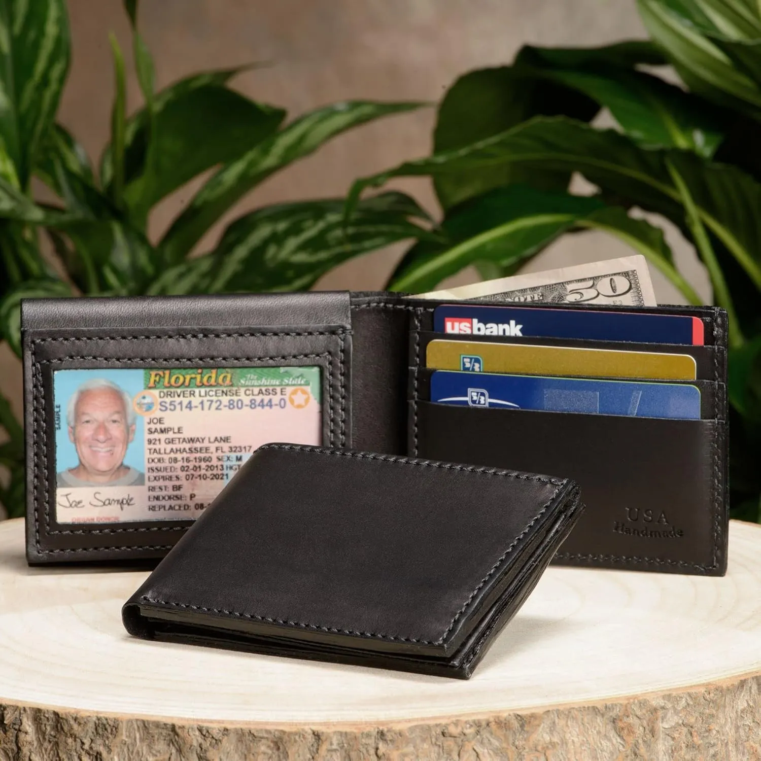 Premium Full Grain Bridle Leather Men’s Bifold Wallet With Flip Up ID Window – Black - Made in USA