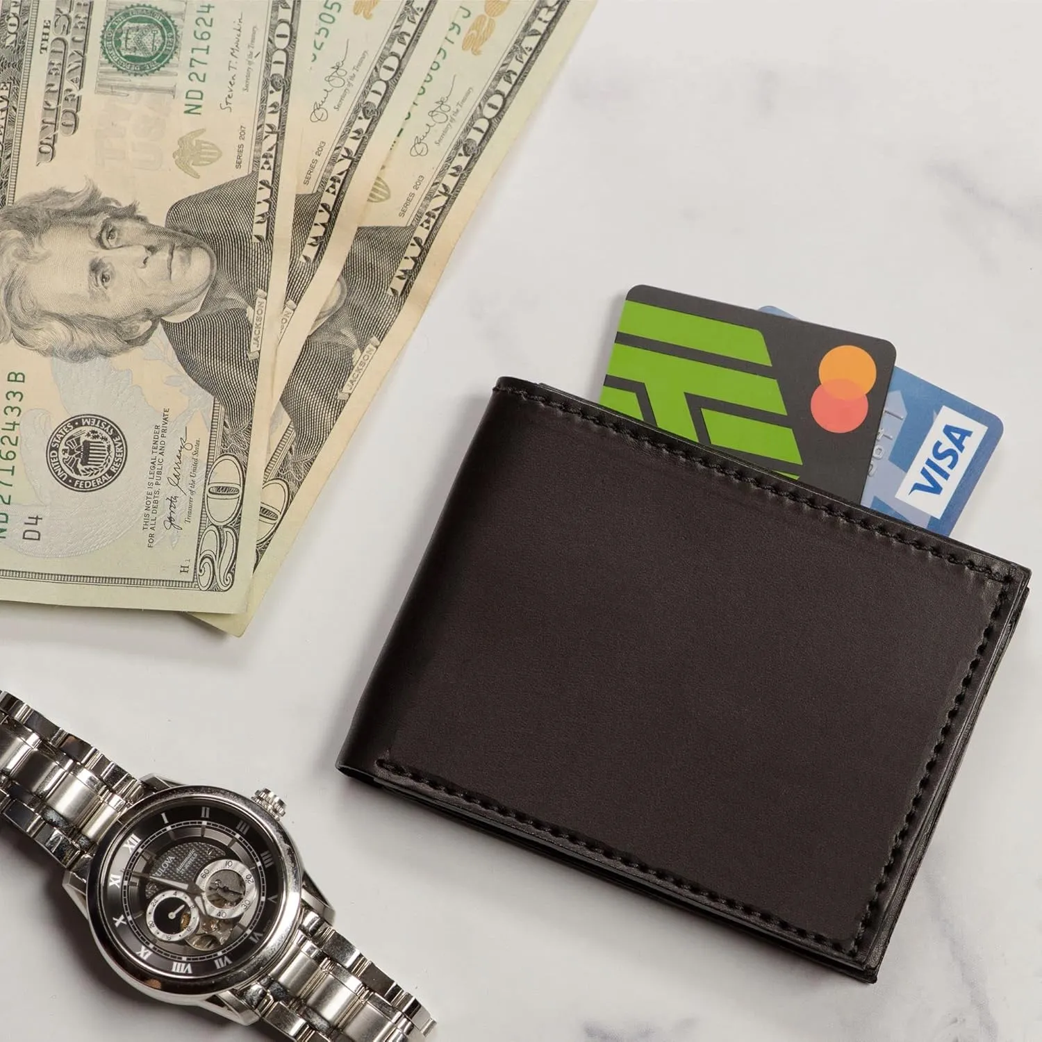 Premium Full Grain Bridle Leather Men’s Bifold Wallet With Flip Up ID Window – Black - Made in USA