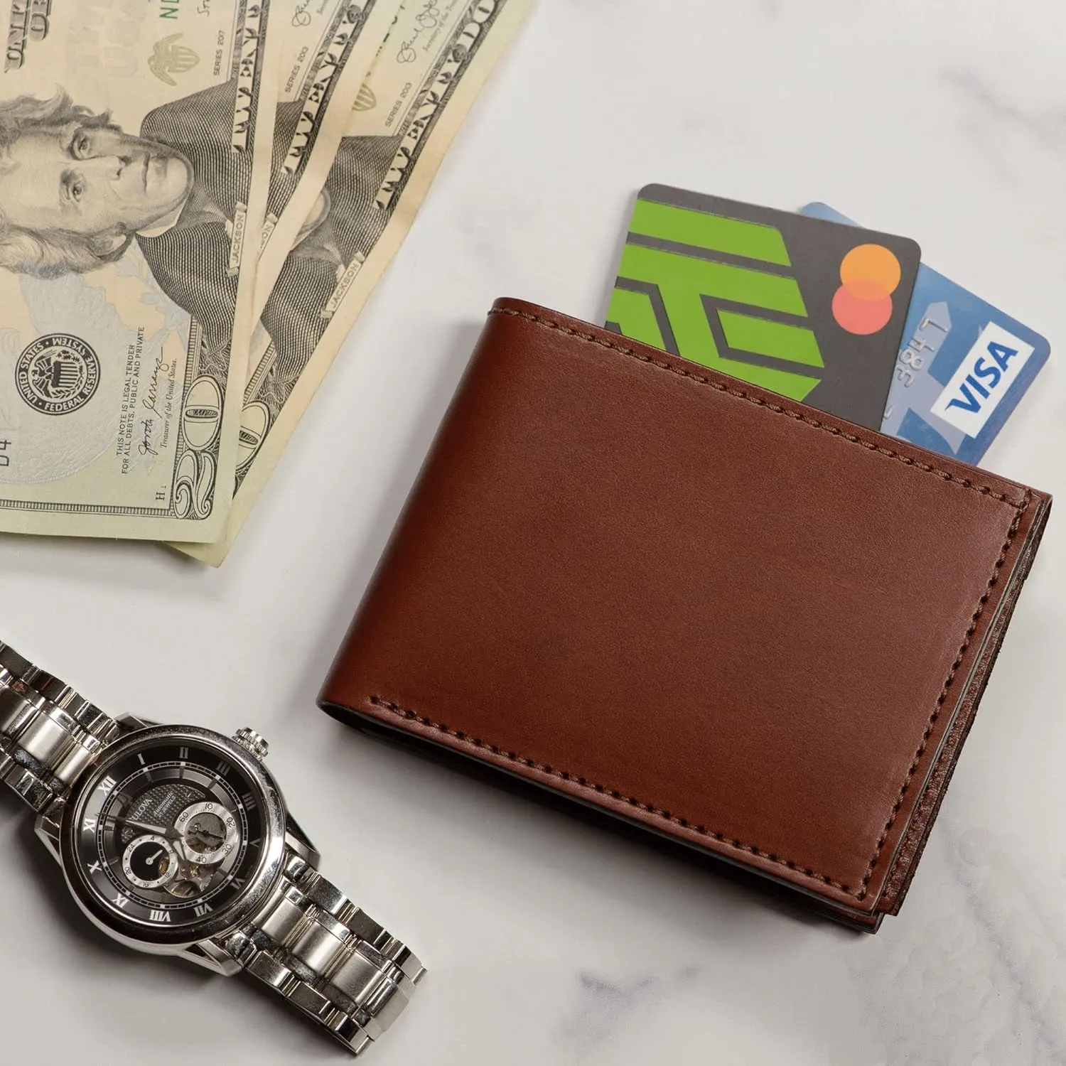 Premium Full Grain Bridle Leather Men’s Bifold Wallet With Flip Up ID Window – Medium Brown - Made in USA