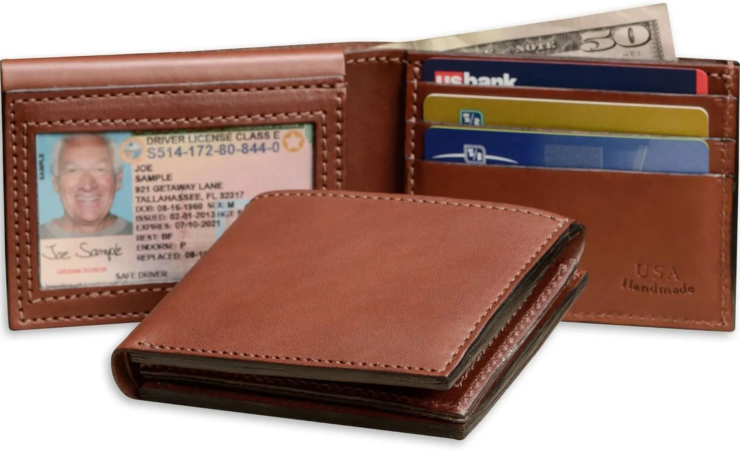 Premium Full Grain Bridle Leather Men’s Bifold Wallet With Flip Up ID Window – Medium Brown - Made in USA