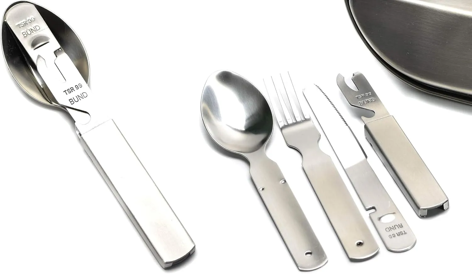 Premium Travel Utensils, Camping Utensil, Cutlery set, 4 pieces Eating Utensils, Military style spoon fork knife kit flatware multi-tool Camping bottle can opener Stainless Steel