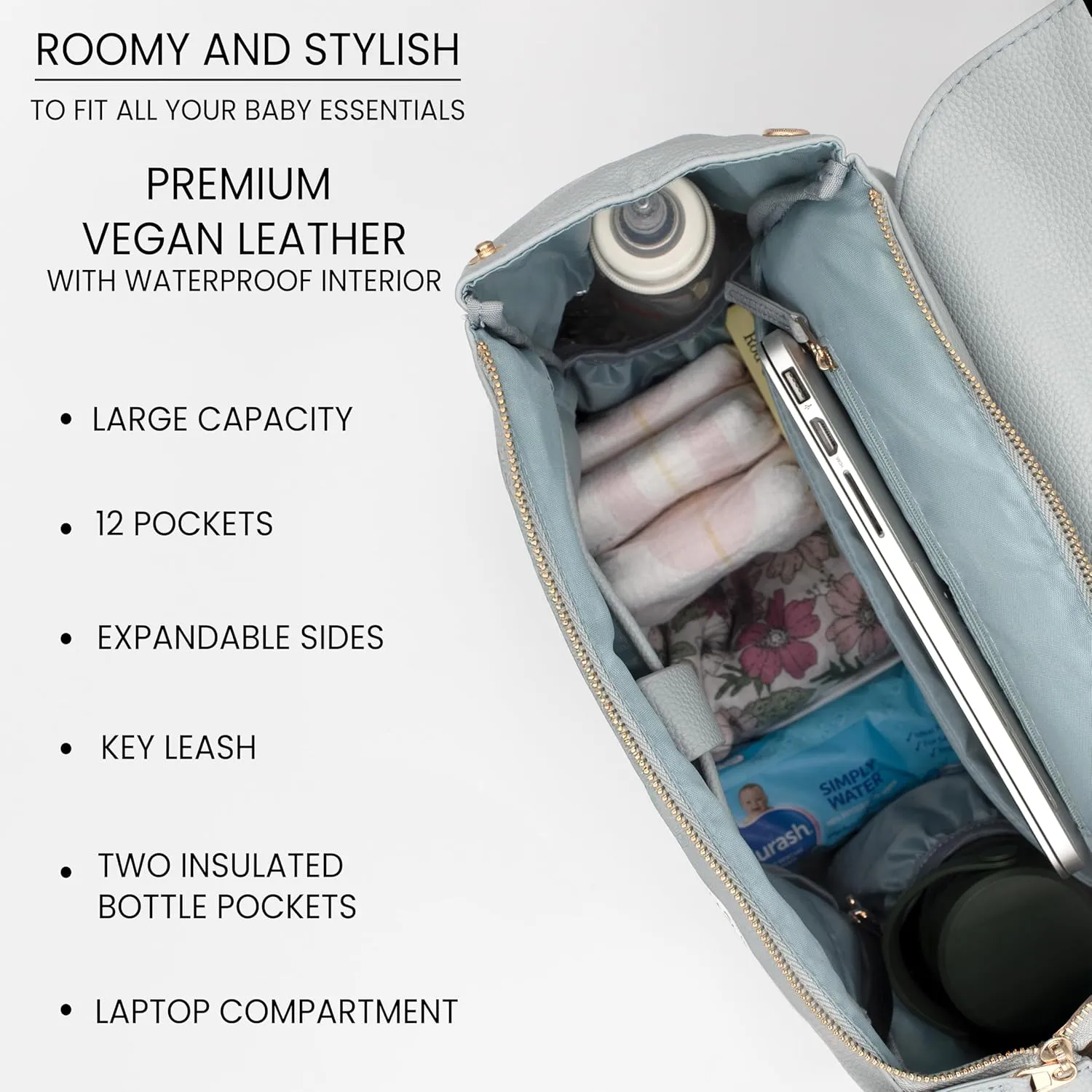 Premium Vegan Leather Diaper Bag Backpack – Large Designer Baby Bag, Stylish Diaper Backpack with Stroller & Crossbody Straps & Multiple Compartments (Powder Blue)