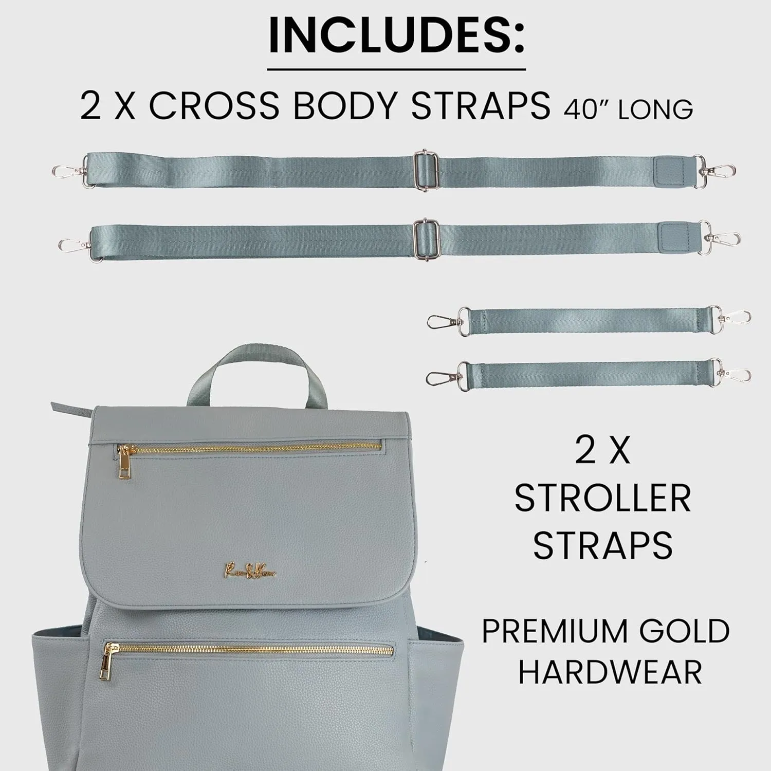 Premium Vegan Leather Diaper Bag Backpack – Large Designer Baby Bag, Stylish Diaper Backpack with Stroller & Crossbody Straps & Multiple Compartments (Powder Blue)