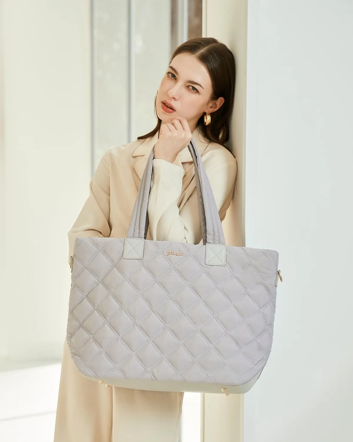 Prite Tote Bag for Women Lightweight Puffer Tote with Compartment Quilted Work Bag
