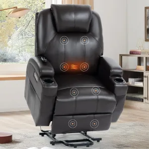 PU Leather Electric Lift Chair for Elderly, Reclining Sofa, Massage and Heating, Remote, Side Pockets