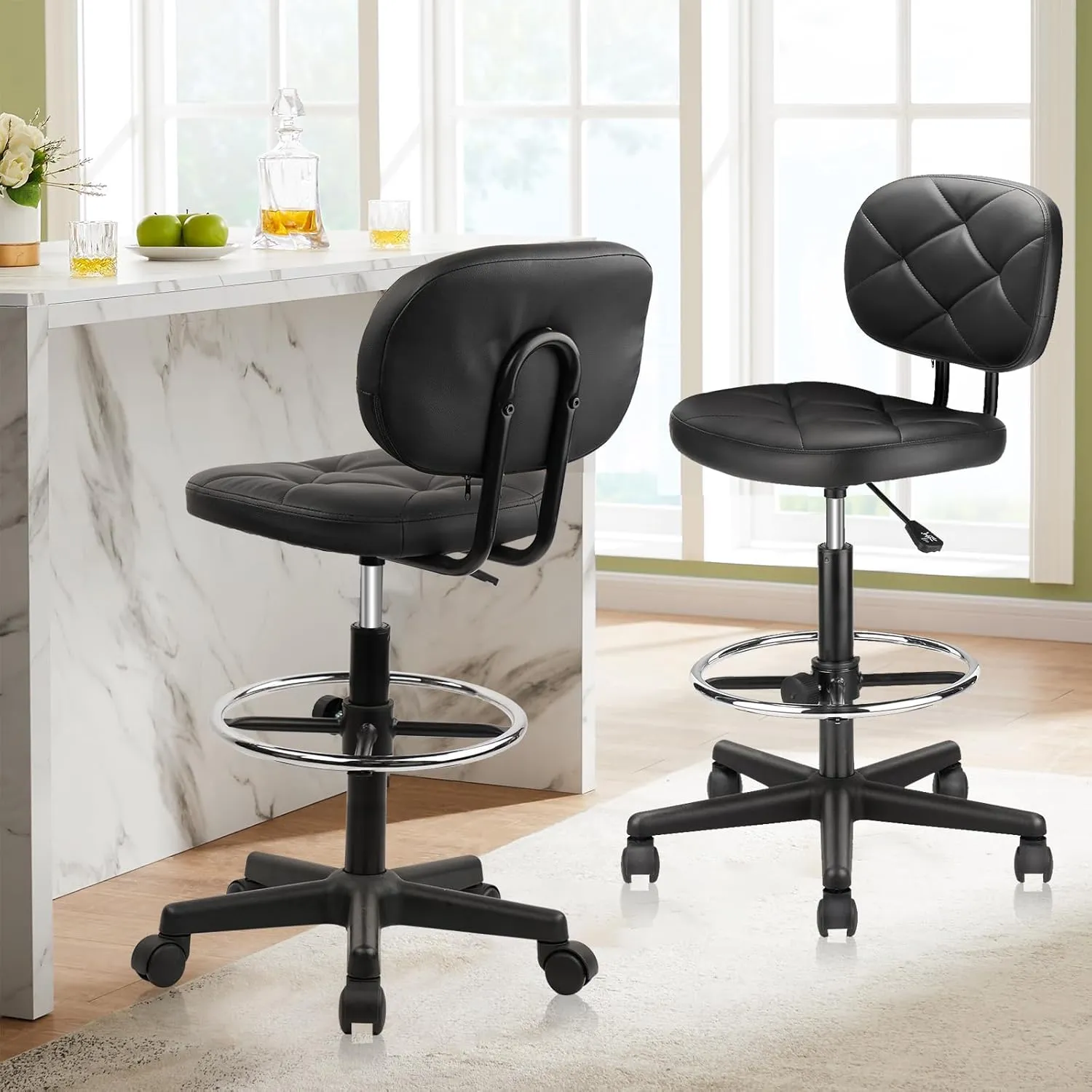 PU Leather Rolling Bar Stool with Wheels and Back, Tall Drafting Stool with Adjustable Height and Footrest, Multi-Purpose Office Desk Chair for Home Kitchen Shop Work, Black (1PK)