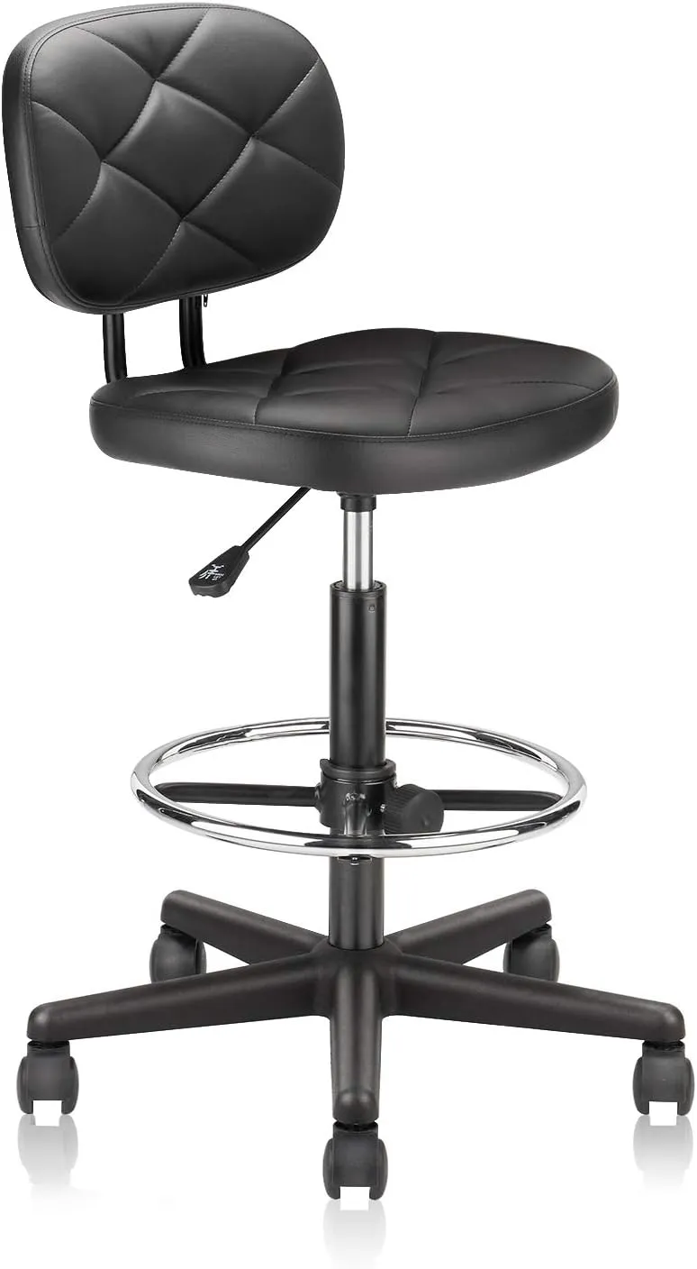 PU Leather Rolling Bar Stool with Wheels and Back, Tall Drafting Stool with Adjustable Height and Footrest, Multi-Purpose Office Desk Chair for Home Kitchen Shop Work, Black (1PK)