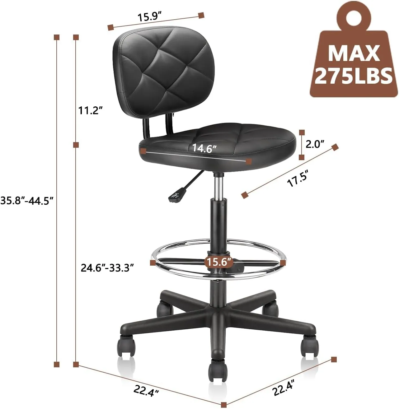 PU Leather Rolling Bar Stool with Wheels and Back, Tall Drafting Stool with Adjustable Height and Footrest, Multi-Purpose Office Desk Chair for Home Kitchen Shop Work, Black (1PK)