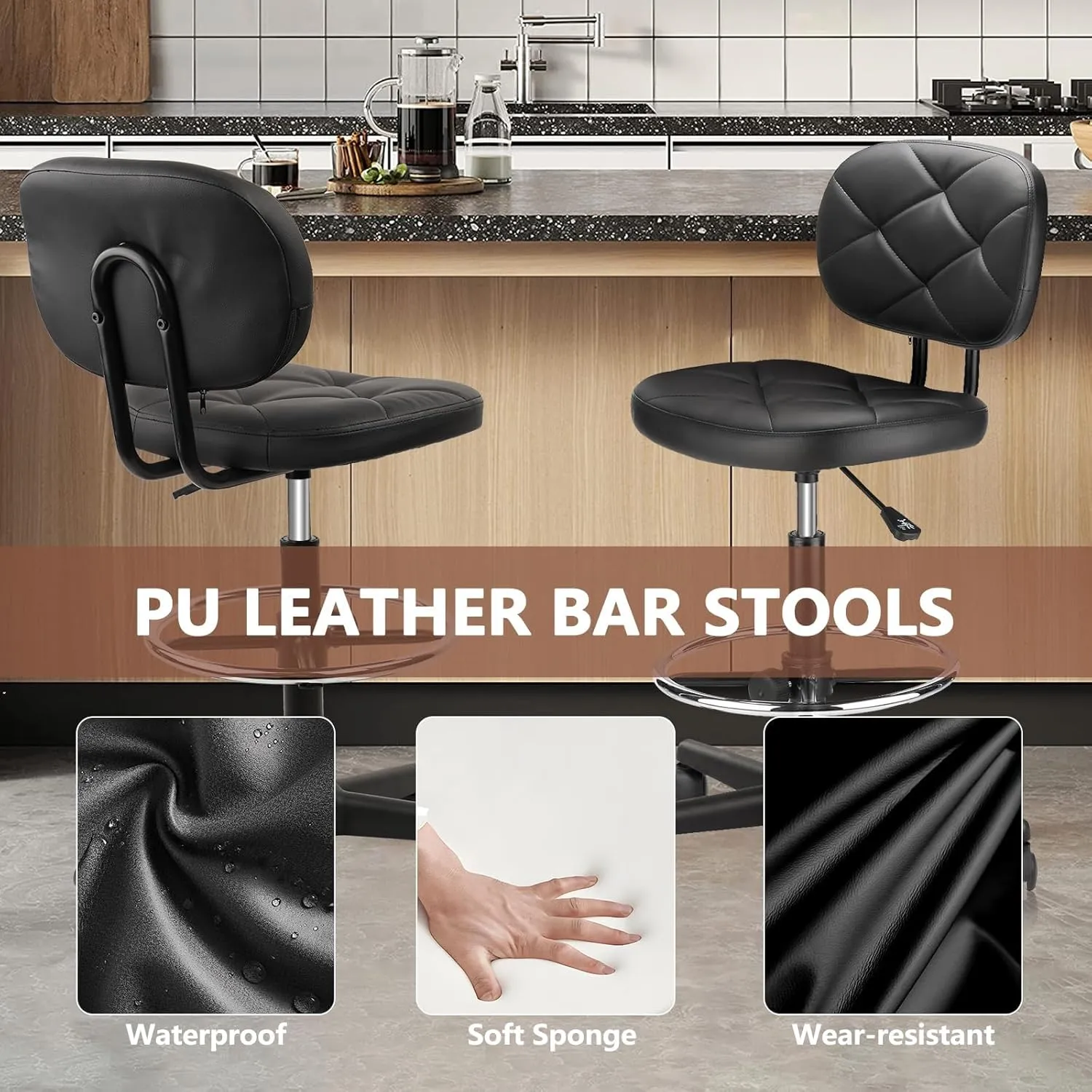 PU Leather Rolling Bar Stool with Wheels and Back, Tall Drafting Stool with Adjustable Height and Footrest, Multi-Purpose Office Desk Chair for Home Kitchen Shop Work, Black (1PK)