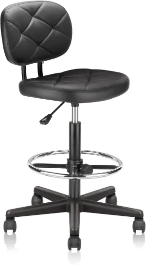 PU Leather Rolling Bar Stool with Wheels and Back, Tall Drafting Stool with Adjustable Height and Footrest, Multi-Purpose Office Desk Chair for Home Kitchen Shop Work, Black (1PK)