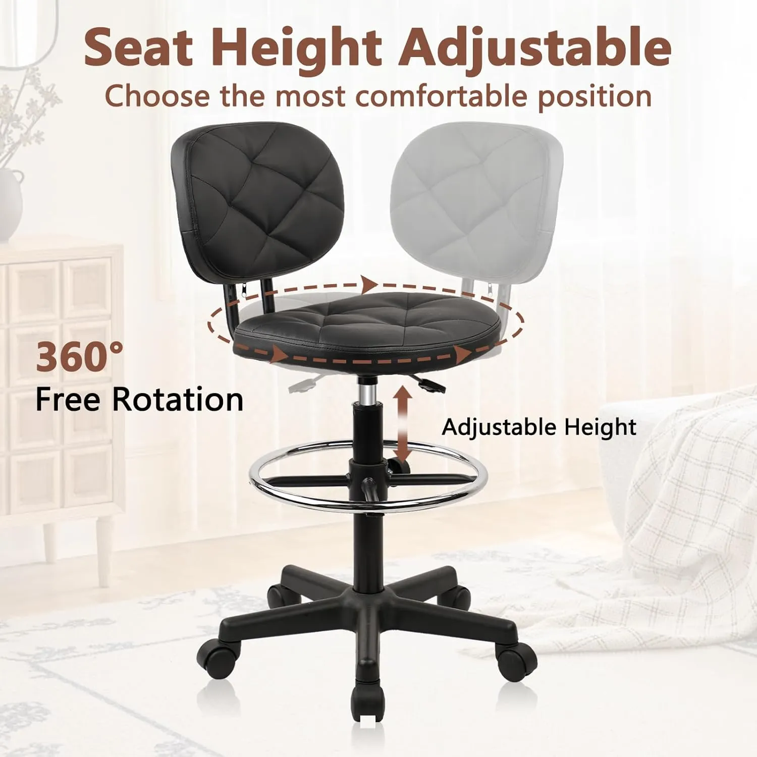 PU Leather Rolling Bar Stool with Wheels and Back, Tall Drafting Stool with Adjustable Height and Footrest, Multi-Purpose Office Desk Chair for Home Kitchen Shop Work, Black (1PK)