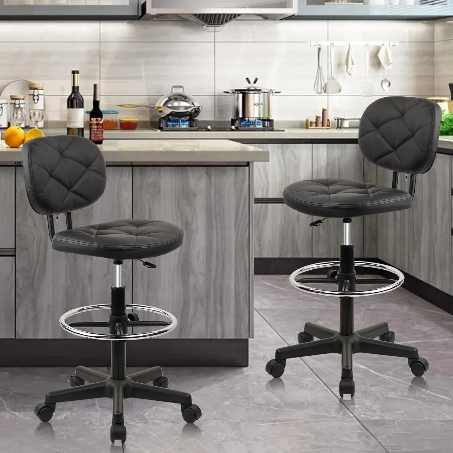 PU Leather Rolling Bar Stool with Wheels and Back, Tall Drafting Stool with Adjustable Height and Footrest, Multi-Purpose Office Desk Chair for Home Kitchen Shop Work, Black (1PK)