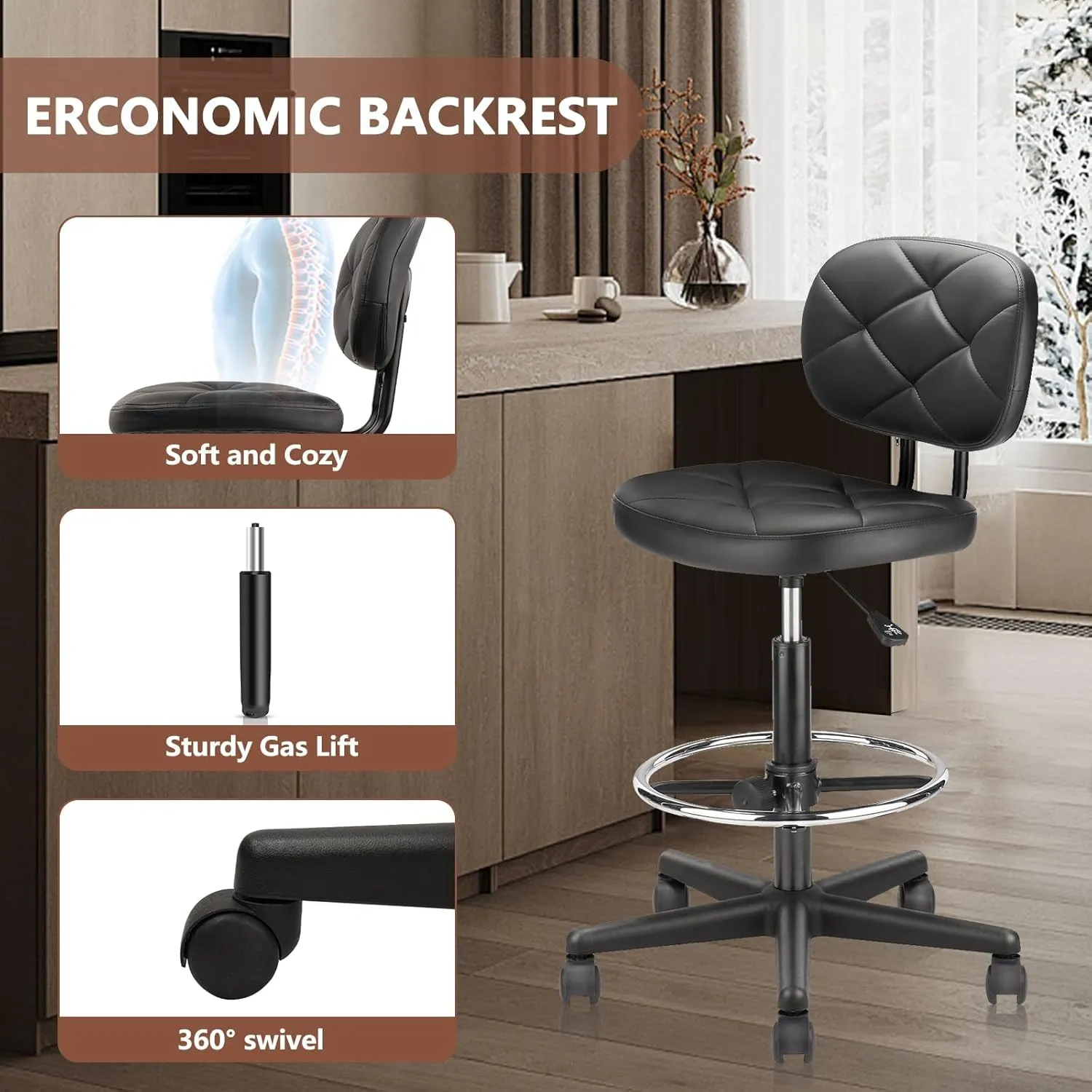 PU Leather Rolling Bar Stool with Wheels and Back, Tall Drafting Stool with Adjustable Height and Footrest, Multi-Purpose Office Desk Chair for Home Kitchen Shop Work, Black (1PK)