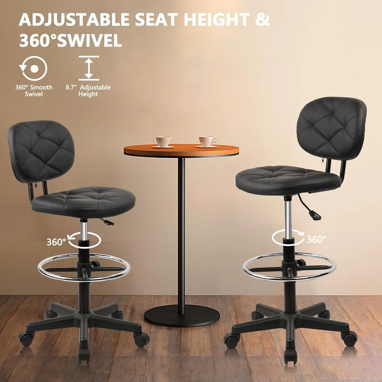 PU Leather Rolling Bar Stool with Wheels and Back, Tall Drafting Stool with Adjustable Height and Footrest, Multi-Purpose Office Desk Chair for Home Kitchen Shop Work, Black (1PK)