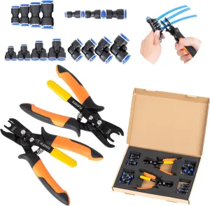 Push to Connect Fittings Air Line Disconnect Tool Kit Push Fitting Removal Tool for 1/4”, 5/16”, 3/8”, 1/2” (6mm, 8mm,10mm,12mm) Quick Connect Release Pliers with 15 Pcs Pneumatic Fittings