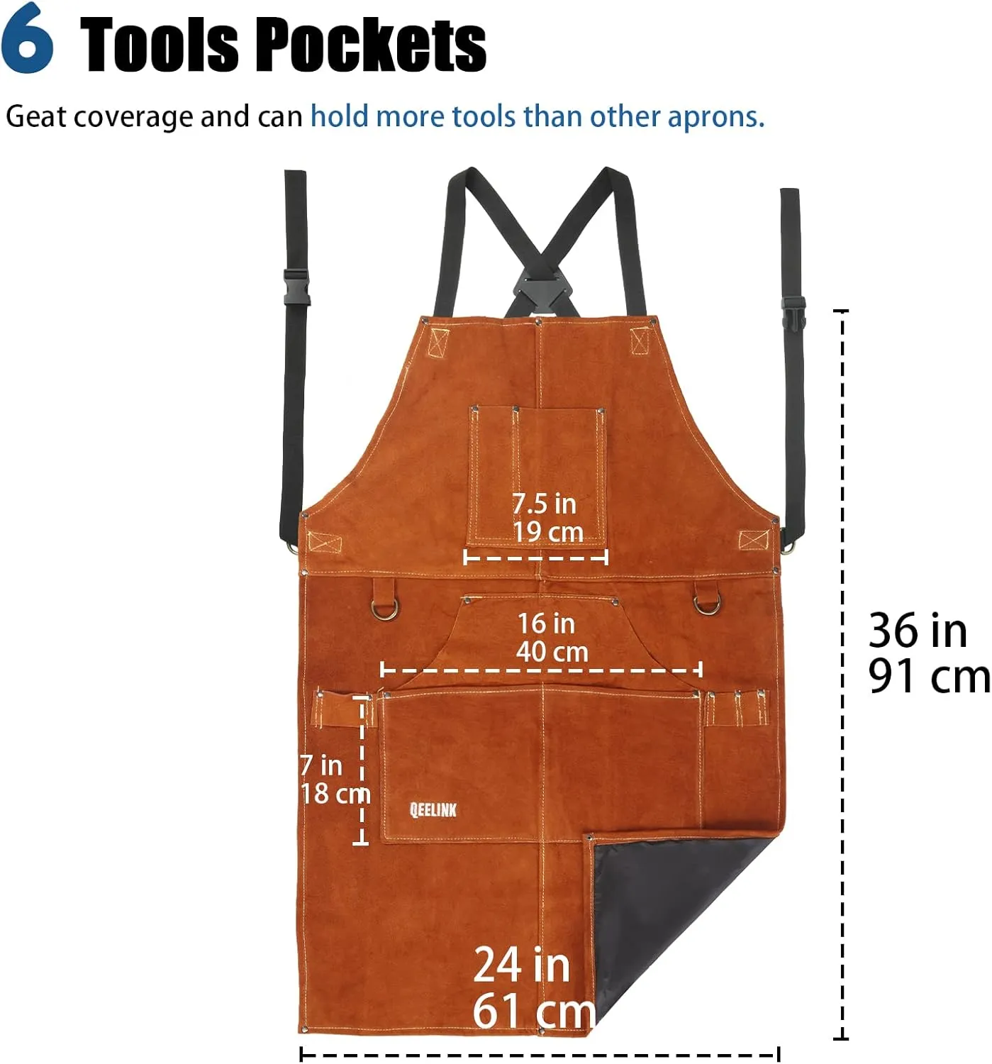 QeeLink Leather Welding Work Apron with 6 Tool Pockets, Heat & Flame Resistant Apron, 24" x 36", Adjustable M to XXXL
